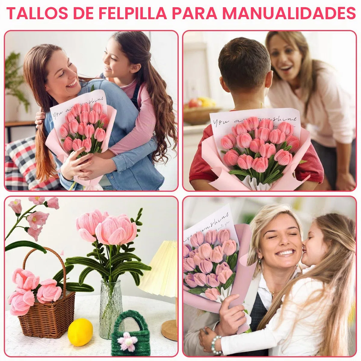 NICKLIN Limpia Pipas para Manualidades,240 Unidades Limpiapipas Chenilla Limpia Pipas Multicolor Tulipanes para Limpiapipas Bricolaje y Decoración(Rosa)