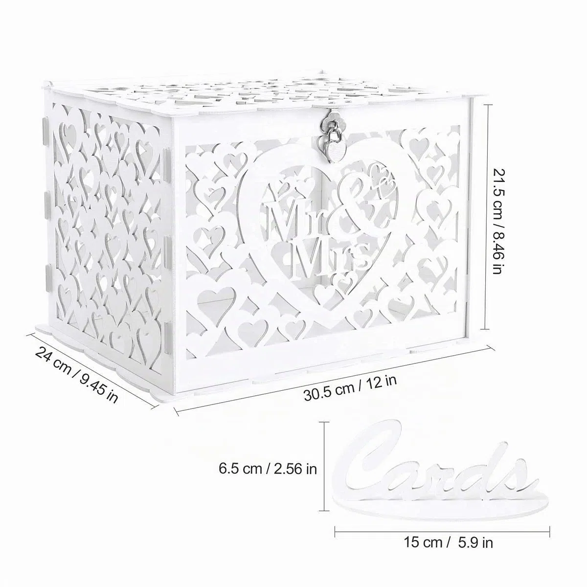 Benjia Caja para Tarjetas de Regalo de Boda, Hueca Caja de Tarjetas de Madera con Cerradura y Ranura para Tarjetas de Dinero Caja de Sobres para Boda Cumpleaños Aniversario Agradecimiento (Blanco)