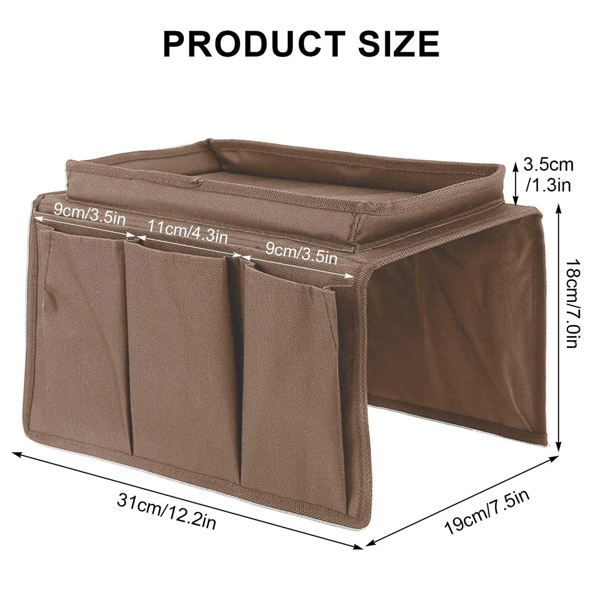 Colexy Organizador de Reposabrazos de Sofá con Bandeja, Soporte para Mando a Distancia de TV Bolsa de Almacenamiento del Sofá, Bolsa para Sofá para la Libros, Merienda, Gafas, Revistas (Café)