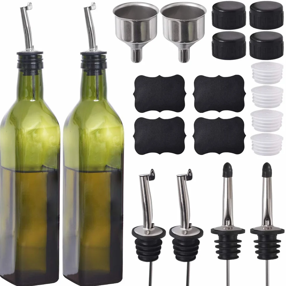 Newk Botella de aceite de oliva, vasos de 500 ml, vinagre con vertedor + embudo, vinagre dispensador de aceite de oliva, decantador, jarra para cocina, color verde, juego de 2