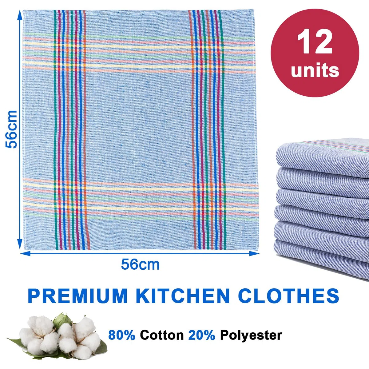 12 Paños de Cocina Sarga, Paños de Cocina de algodón, Toallas de Cocina absorbentes Lavable a Maquina, Juego de 12 paños de Cocina Suaves y duraderos, 56x56cm Fabricado en España (Azul)