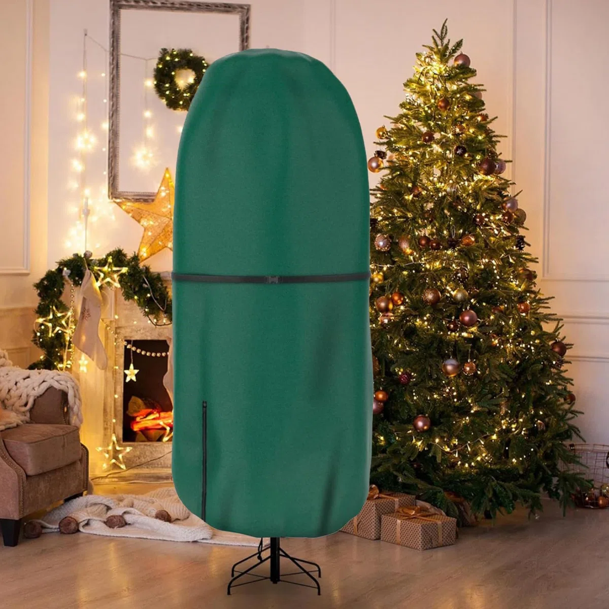 Bolsa para árbol de Navidad, funda de inserción plegable, soporte de temporada interior, bolsa de cierre compacto, correas de agarre duraderas, con escudo fuera de temporada para limpieza de abeto