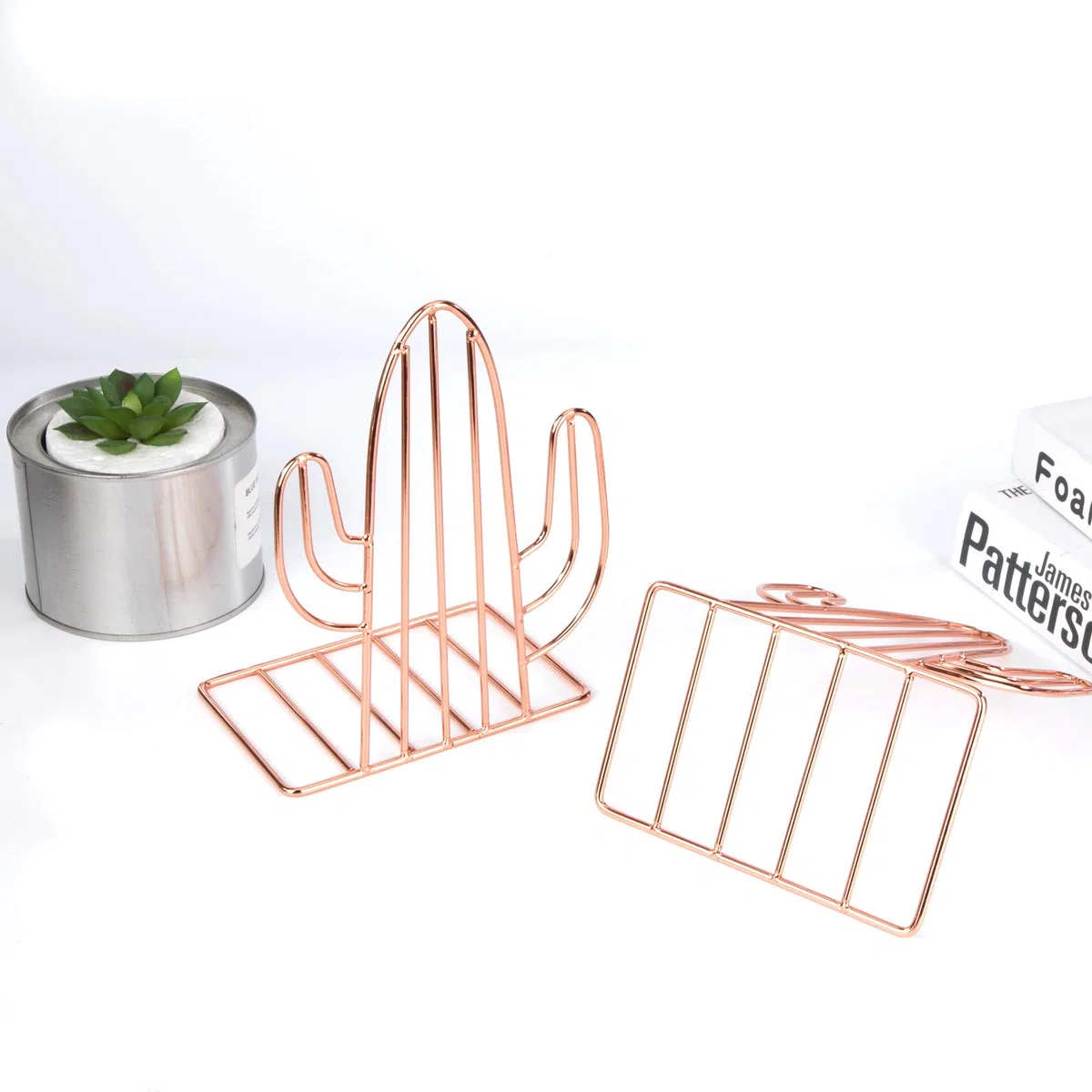 Sujetalibros de Metal, Cactus Sujeta Libros Tapón Antideslizante Soporte Hierro Sujetalibros para Organizar Libros Revistas para Escritorio, Oficina, Decoración del Hogar 2 PCS (Oro Rosa)