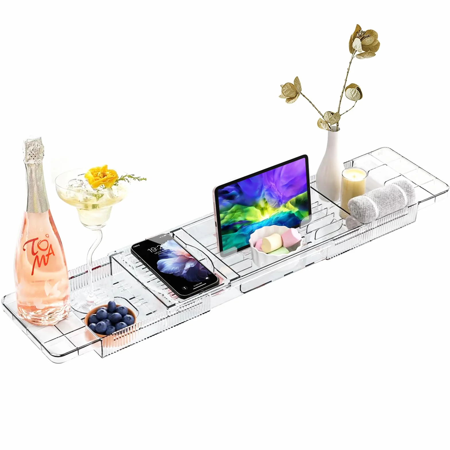 Bandeja para Bañera con Velas, Copas de Vino, Libros, Tablets, iPad y Soporte para teléfono. Bandeja de Bañera Extensible, Bandeja para Bañera, Bandeja de Baño, Accesorios de Baño Transparente