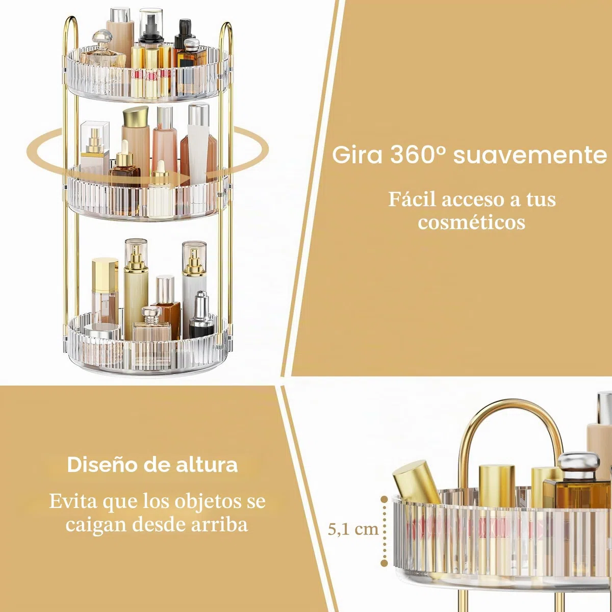 MOKANI Organizador de maquillaje giratorio de 360 grados para tocador, organizador de perfume ajustable de 3 niveles para tocador, almacenamiento multifunción para el cuidado de la piel para