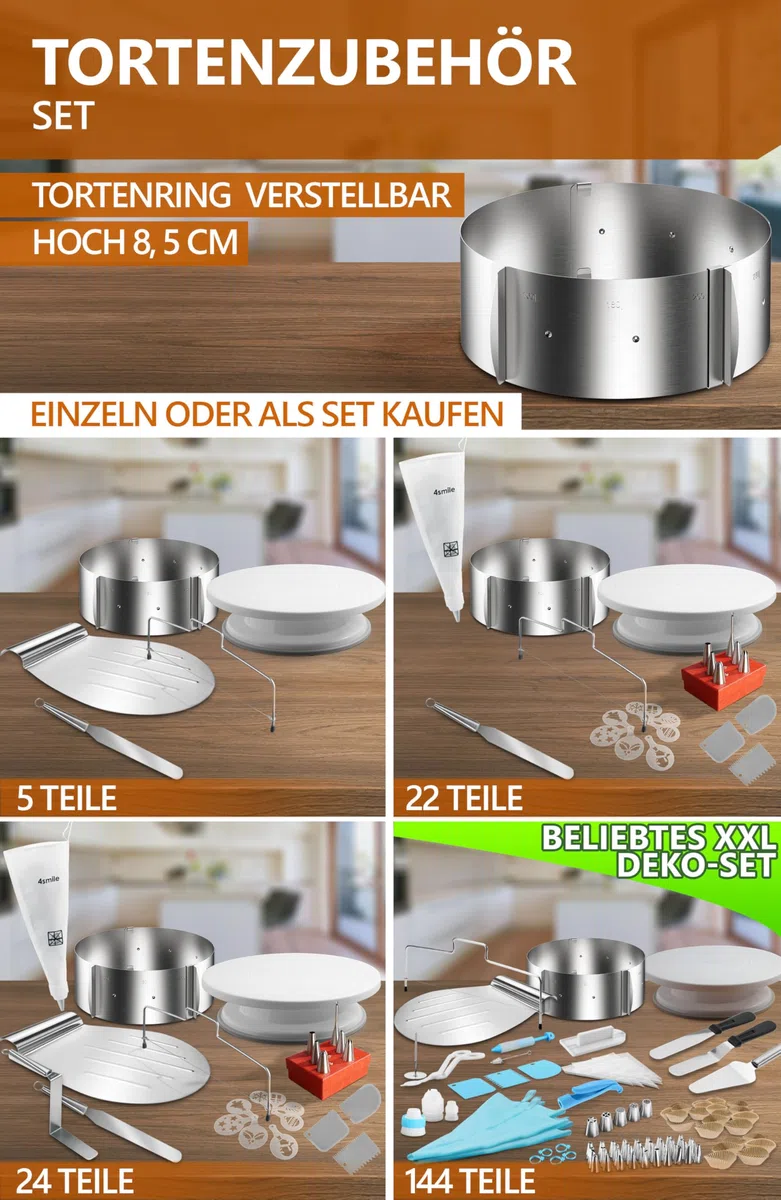 4smile Molde para tarta - Tartas de ensueño para cualquier ocasión - Molde redondo de acero inoxidable ajustable mediante pinzas - Altura: 8,5 cm – Made in Germany