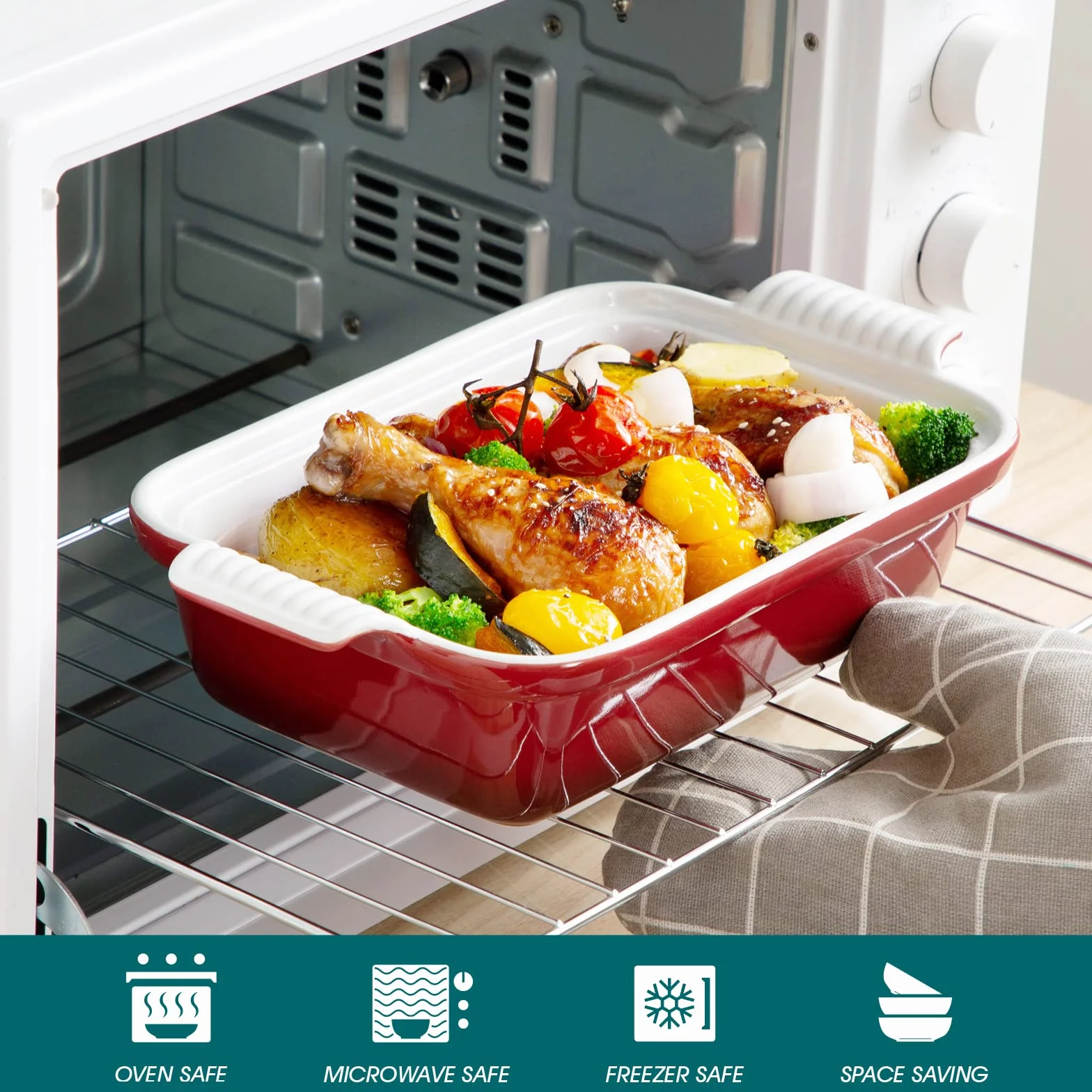 Vancasso serie Blossmo Molde Rectangular con Tapa, Fuente para Horno1800 ml, 31,5 x 18 x 7,3 cm Rojo