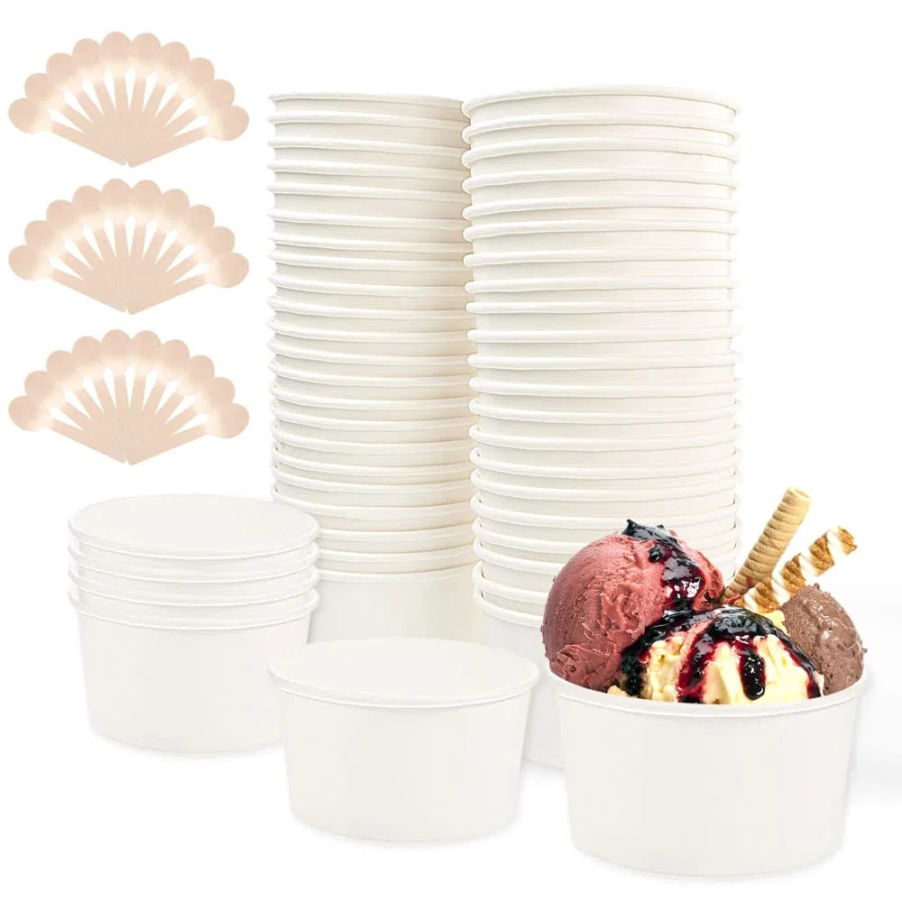 REFORUNG Helados de cartón 50 unidades ecológicos universales de cartón desechables 240 ml desechables vasos de papel con 50 cucharas de madera para helado, yogur congelado, sopa, blanco