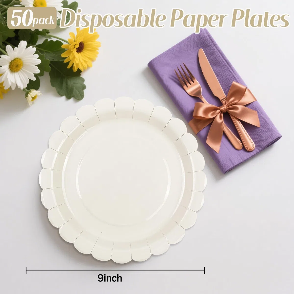 50 platos de papel marfil de 23 cm, platos de fiesta festoneados color crema, platos desechables para pasteles, postres, platos de cena para cumpleaños, baby shower, boda, suministros de