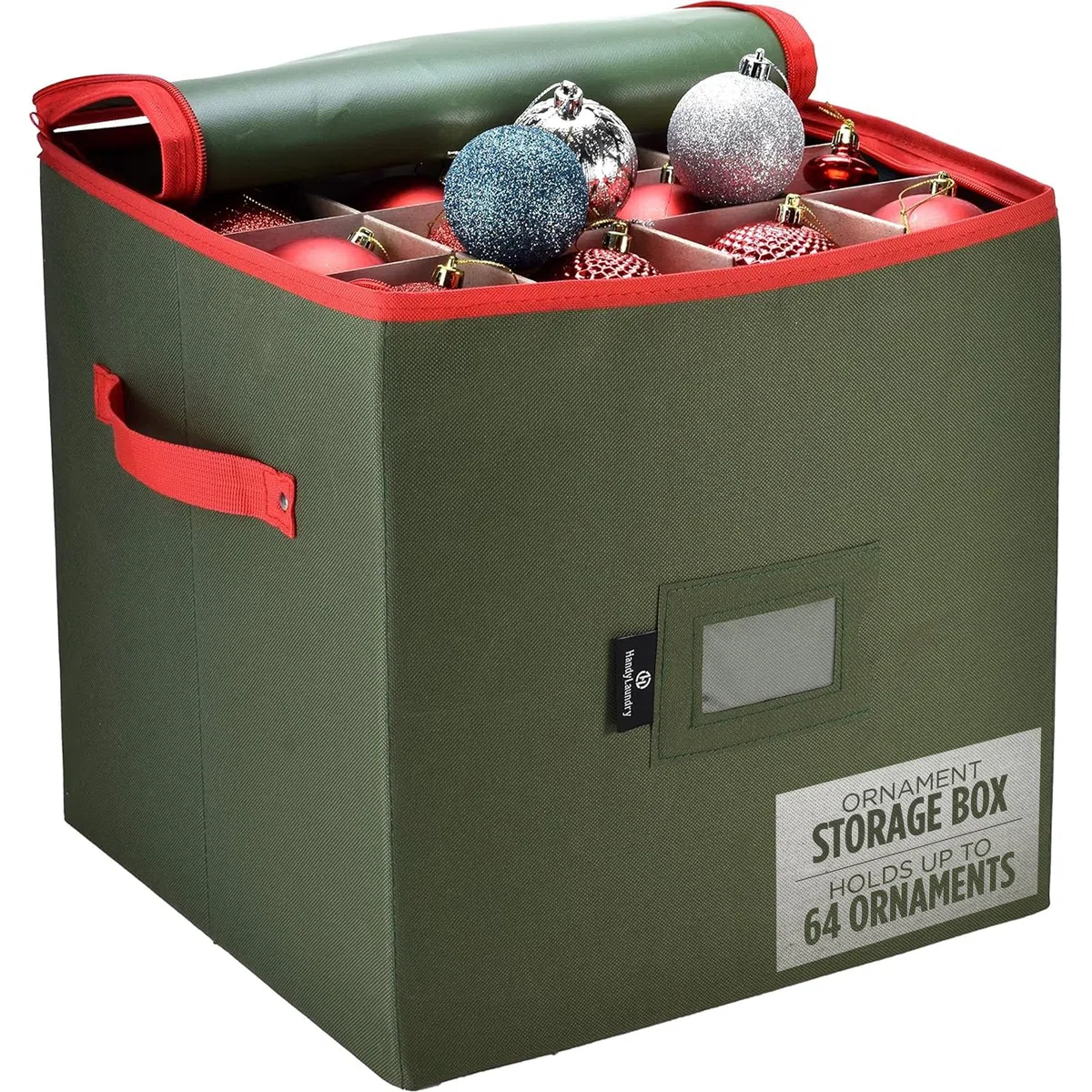 Almacenamiento de adornos de Navidad: almacena hasta 64 adornos navideños, separadores ajustables, parte superior con cremallera, dos asas. Atractiva caja de almacenamiento que mantiene las