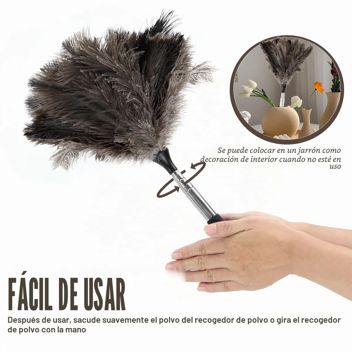 Plumero de avestruz con mango telescópico Plumero telescópico Largo Extensible Lavable Anti-estático Eficaz Capturador de polvo Ajustable de 43cm a 115cm para Superficies Altas Ventilador de