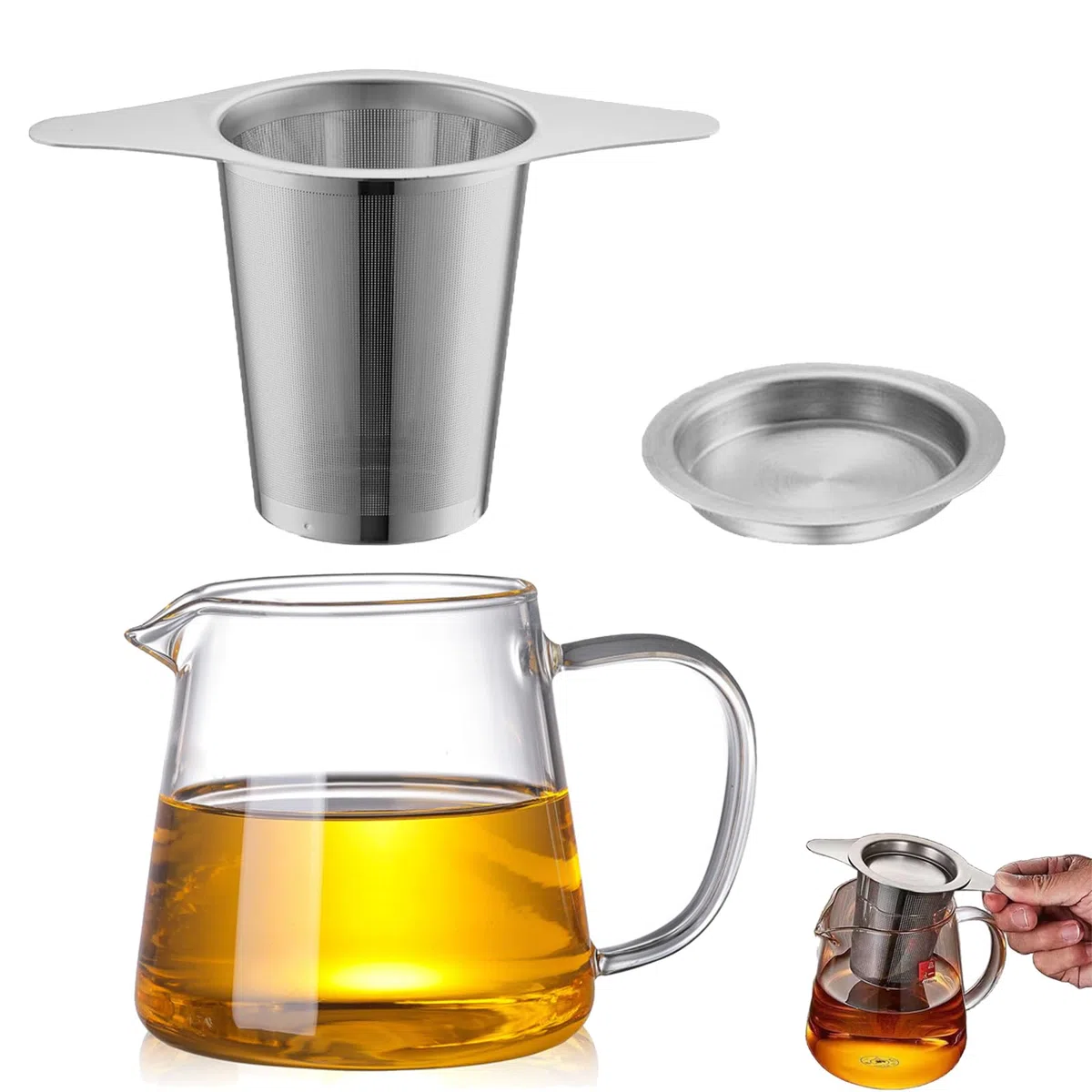 2 Piezas Tetera de Vidrio Redonda con Filtro para Té, 400ml Tetera de Cristal Infusor de Acero Inoxidable Resistente al Calor, Taza Infusiones con Tapa y Filtro, Apto para Té Suelto y Té de Flores