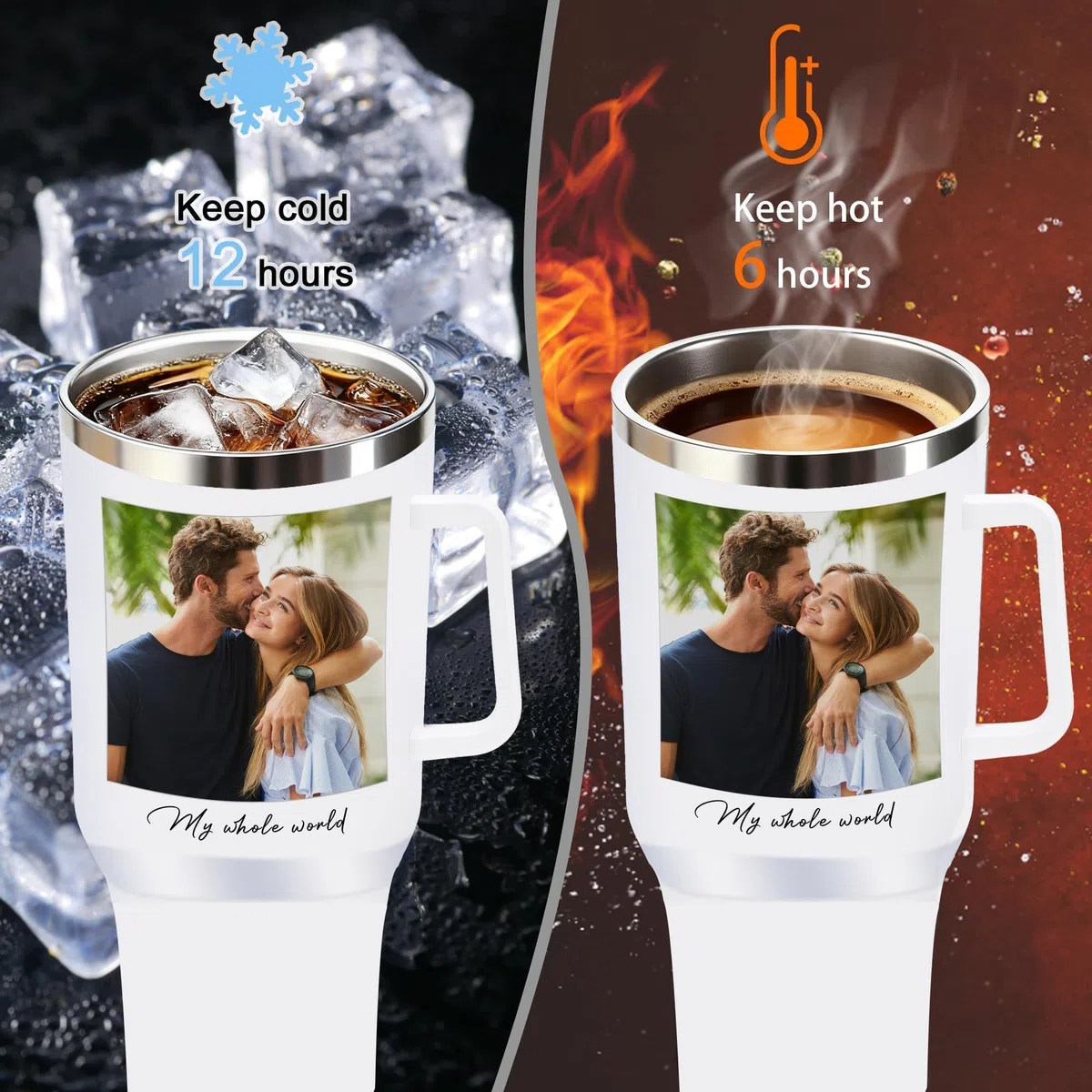 Vaso personalizado de 40 oz con asa y pajita, taza personalizada con nombre y foto, vaso de café de viaje de acero inoxidable, regalos personalizados para mujeres, San Valentín, cumpleaños