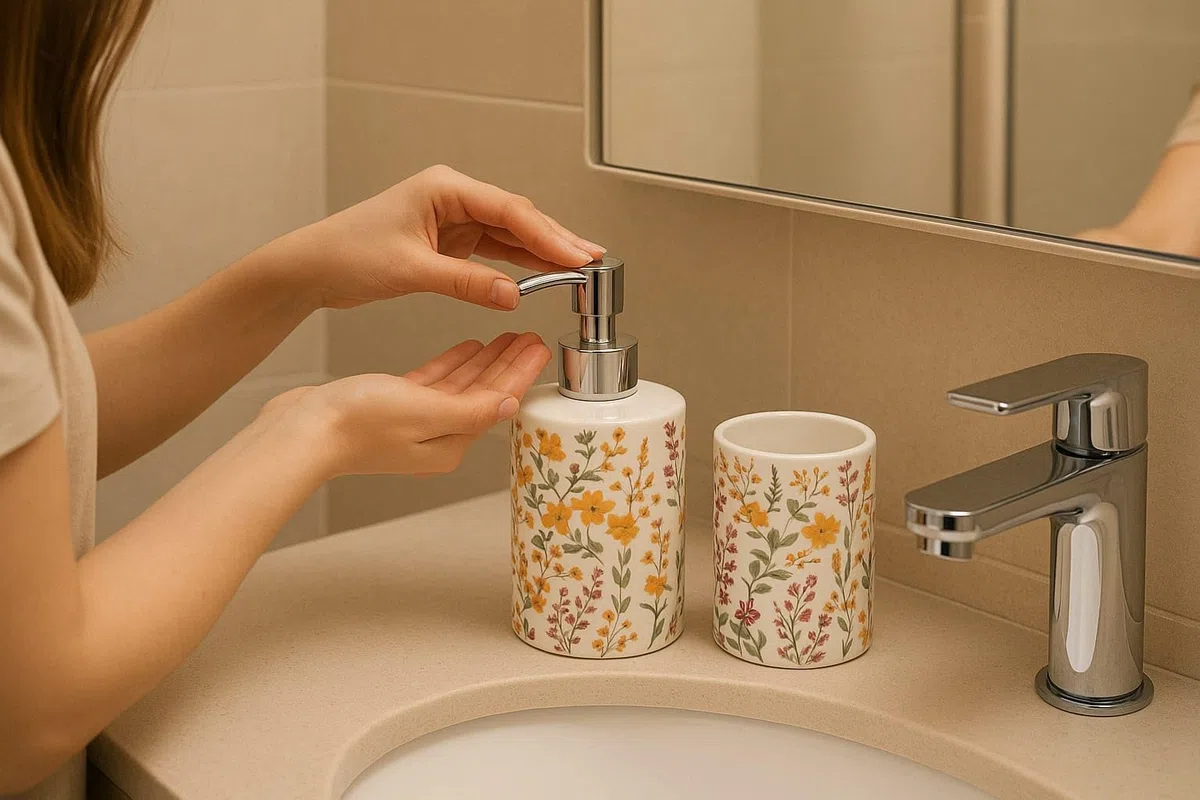 Juego de Baño Dispensador Jabon y Vaso de Baño Flores