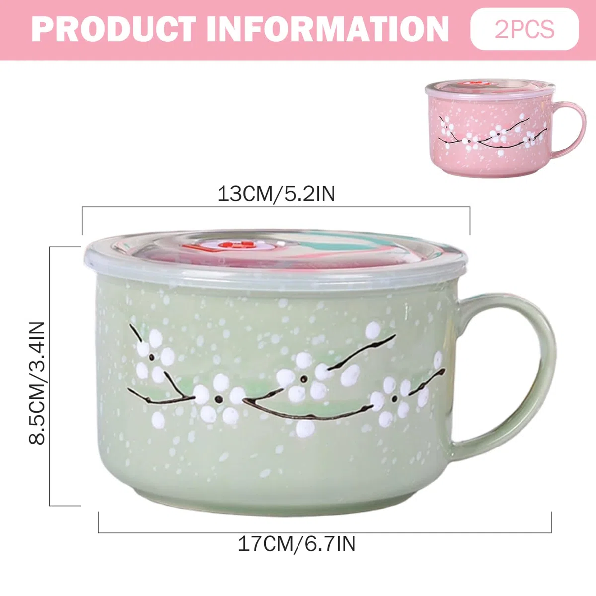 2 cuencos de sopa con asas de 800 ml/28 oz con sellado resistente al calor para microondas con tapa, taza de viaje de cerámica floral invernal para gachas de fideos ramen, cuenco de cerámica con tapa
