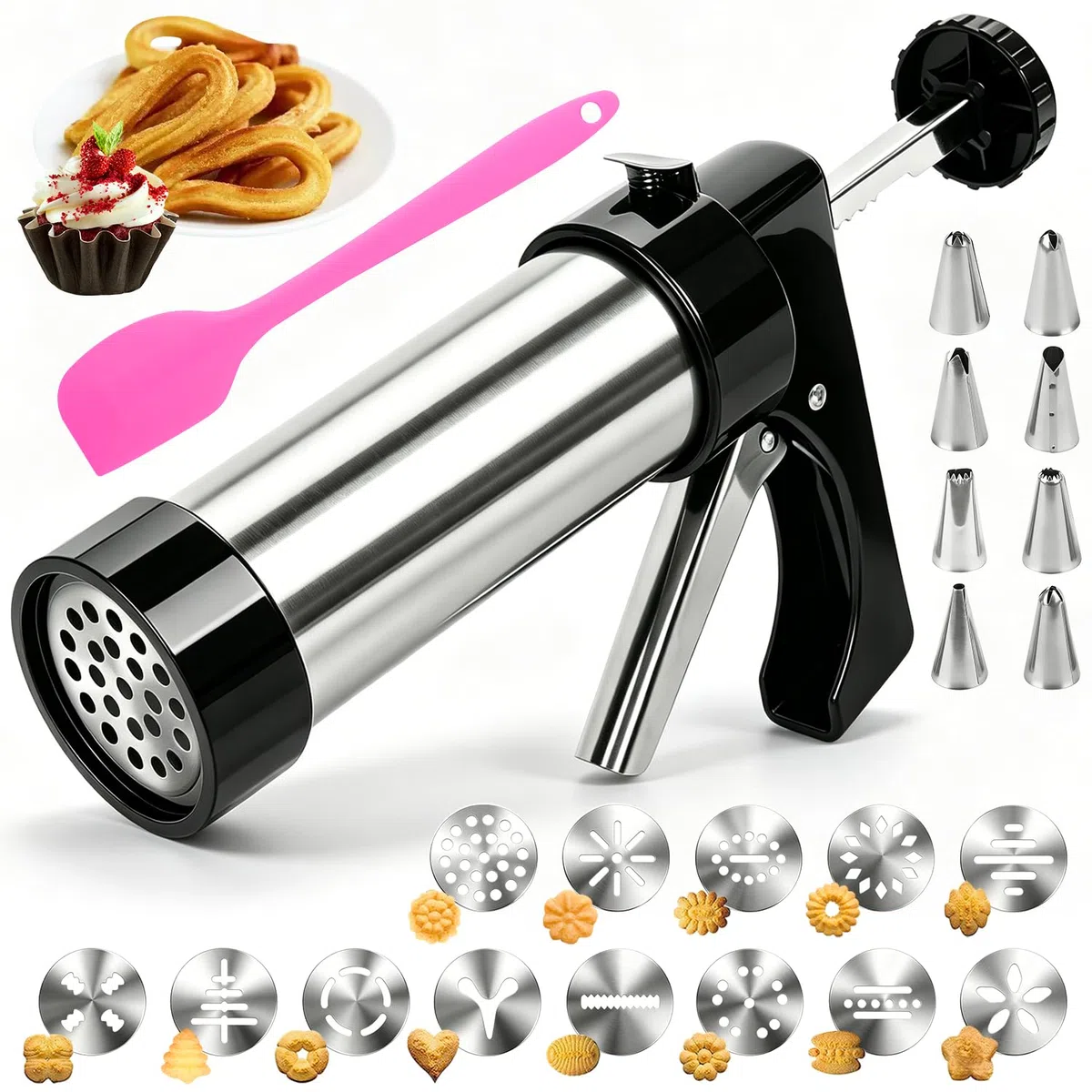 Churreras para Churros Prensa de Galletas Biscuit Maker Maquina para Hacer Churros Pistola de Repostería de Acero Inoxidable Maquina de Galletas Churrera Manual con 13 Plantillas y 8 Boquillas