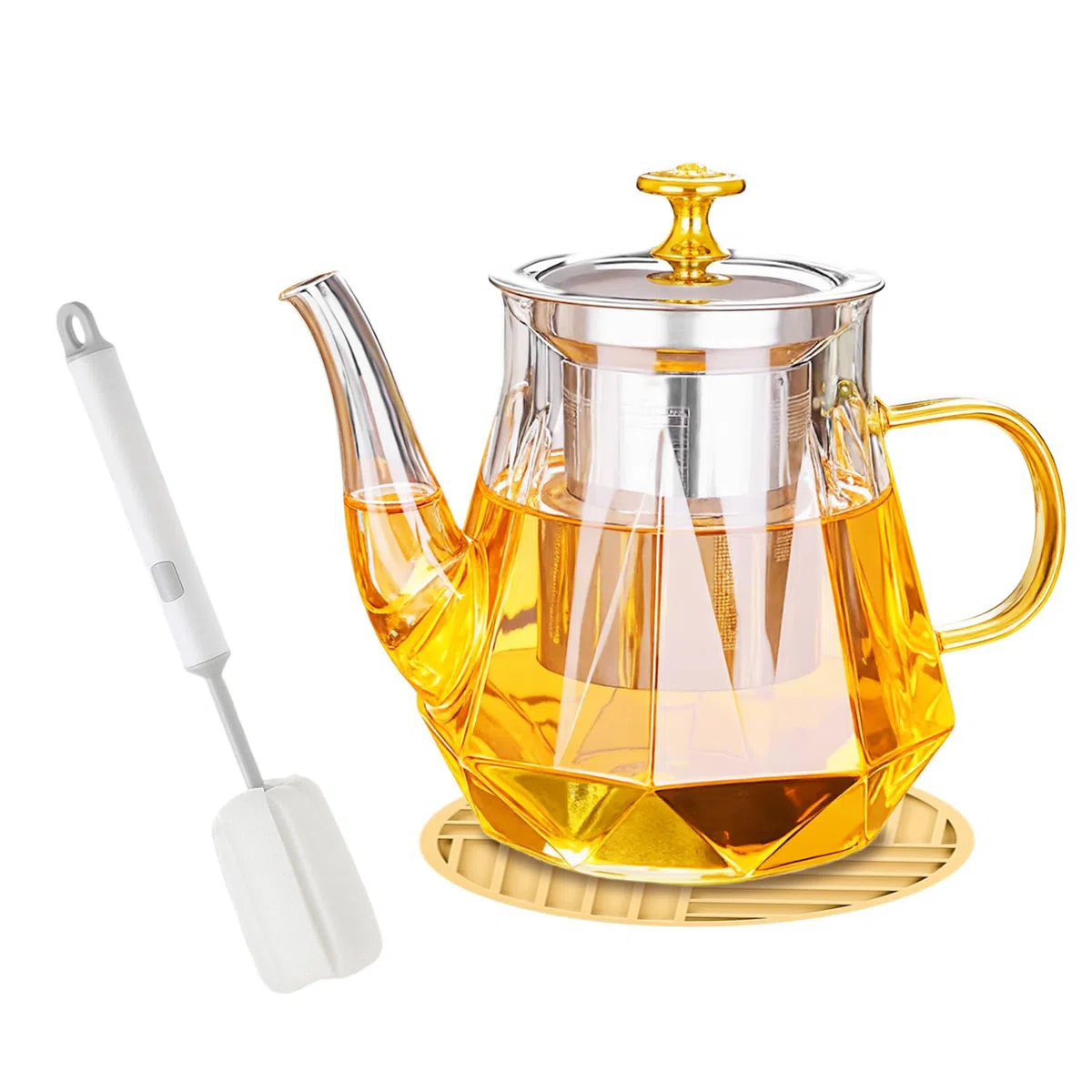 1000ml/34oz Tetera de Vidrio Borosilicato, Tetera de Cristal con Infusor, Tetera de Infusion de Cristal con Almohadilla & Cepillo de Limpieza, Teteras para Te de Cristal con Filtro, Apto para Estufa
