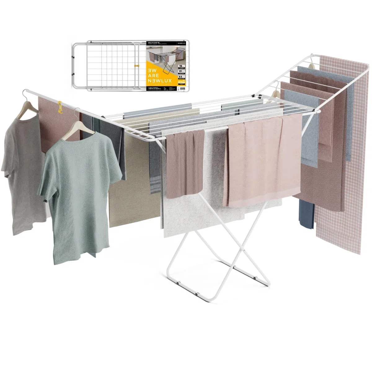 Newlux - Tendedero Plegable con Alas Stand V20, 180x55x112 cm, 19 Metros de Capacidad. Tenderete de Ropa Plegable Metálico con Rail Deslizante, Soporta 17 Kg, Ideal para Interior y Exterior, Blanco