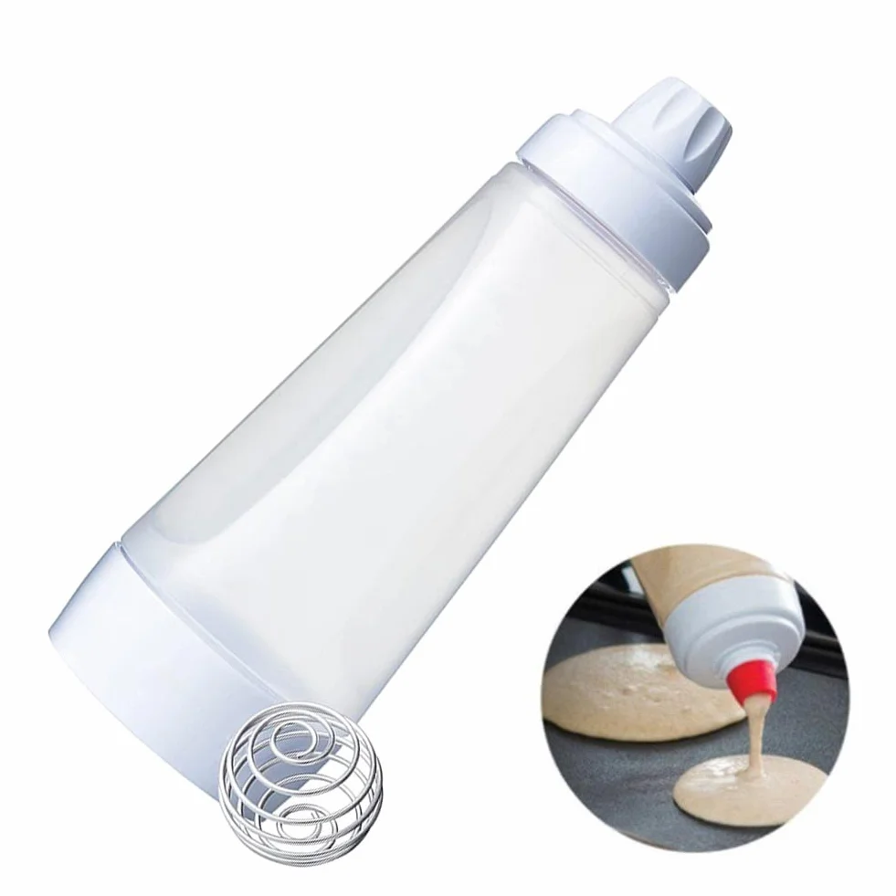 Botella batidora de 1000 ml, batidora de masa para panqueques, dispensador de masa de mano con marcas de medición y bola de mezcla, botella aplastante sin fugas, dispensador de masa multiusos, para