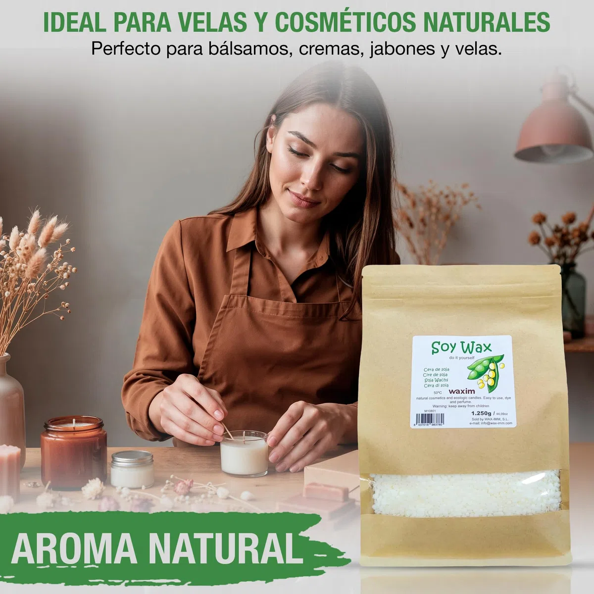 WAXIM Cera de Soja para Velas en Perlas | Soy Wax Natural, Cera para Hacer Velas Caseras y Aromáticas 1250g | Base Vegetal en Recipientes | Fusión Uniforme, Combustión Limpia y Uso DIY Profesional