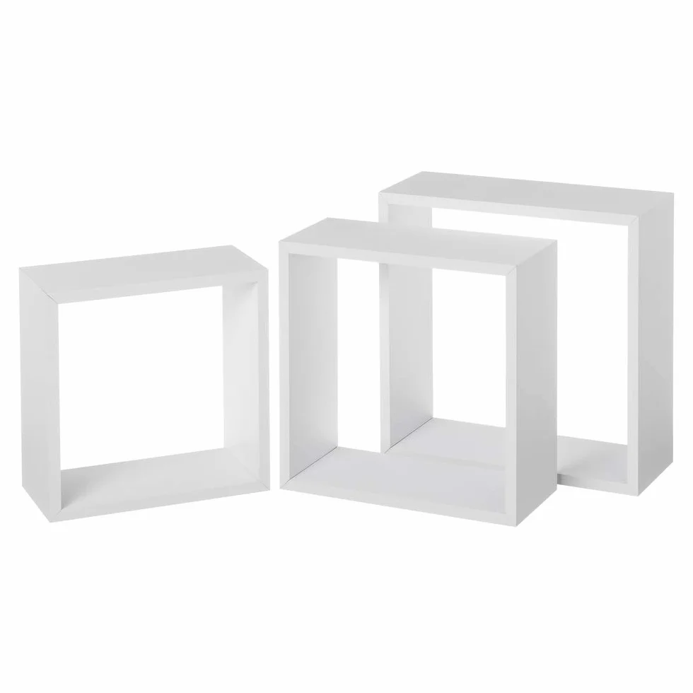 LOLAhome Set de 3 Estantes Cubo Grandes de Madera MDF Blancos/Capacidad 5 kg / 2 Tamaños Disponibles/Incluye herrajes de Pared/Estantes Flotantes con 3 Medidas 30, 27 y 24 cm