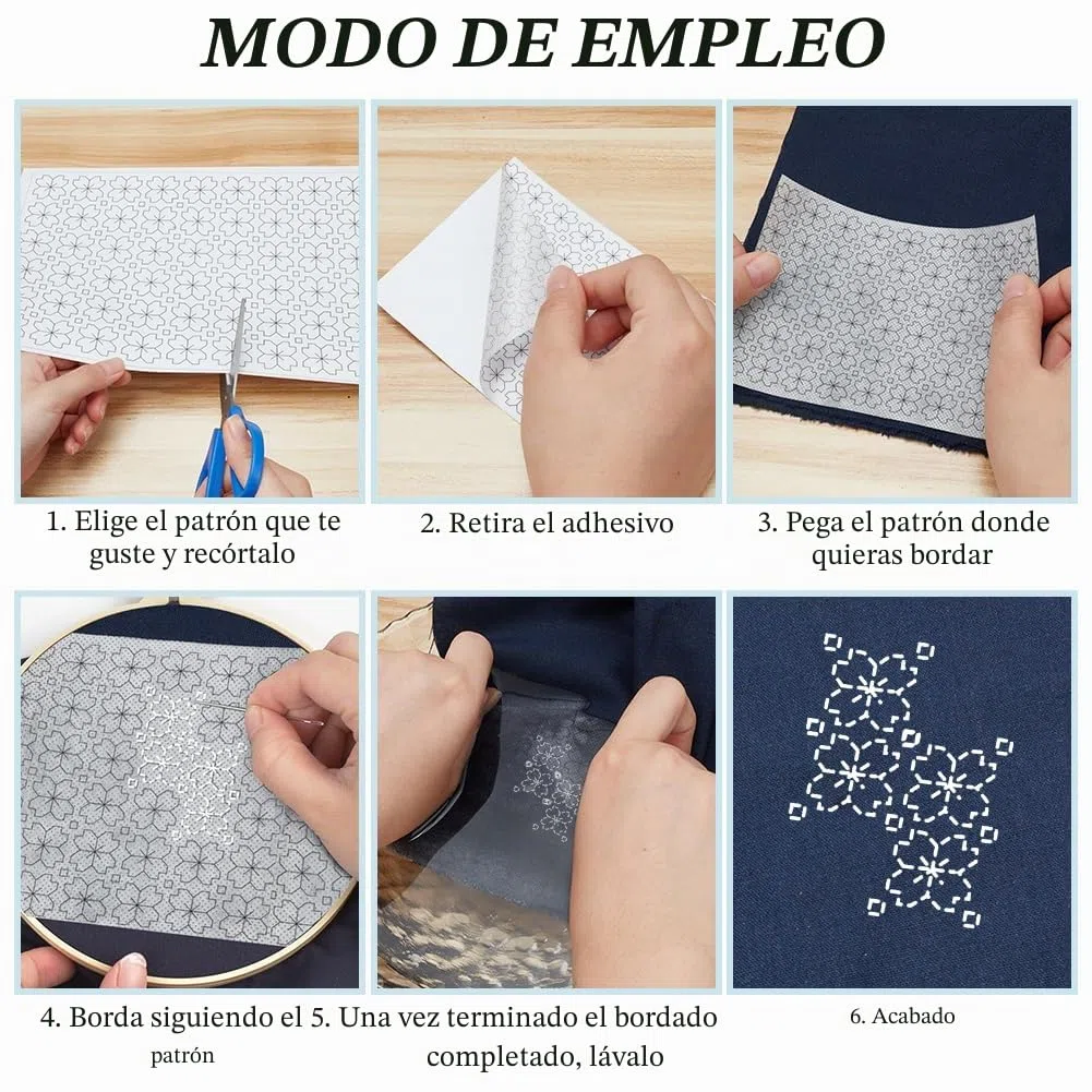 FREEBLOSS Sashiko - Estabilizadores de Bordado Solubles en Agua, 12 Unidades, Plantilla para Coser Adhesivo y Lavar, Patrones de Transferencia, Tamaño A4