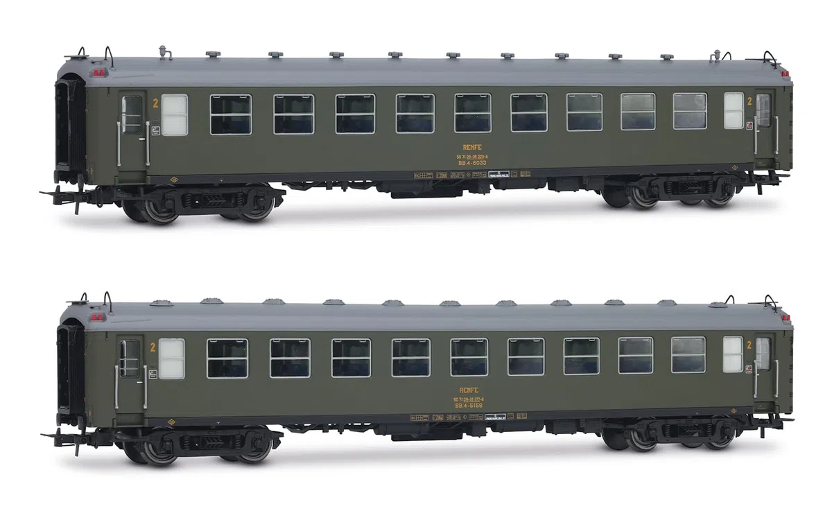 Electrotren HE4038 RENFE, Lote de 2 Coches de 5000 Unidades, BB4 2ª Clase, con Fuelles Antiguos, librea Verde Oliva, EP. IV