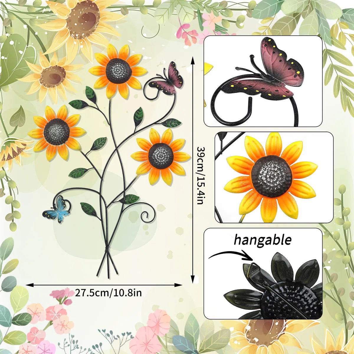 DETENE Flores Metalicas Decoracion Pared Decoración de Pared de Metal Girasol con Mariposa Decoración de Las Paredes del Jardín para Sala de Estar,Comedor Balcón y Patio (Luz nocturna)