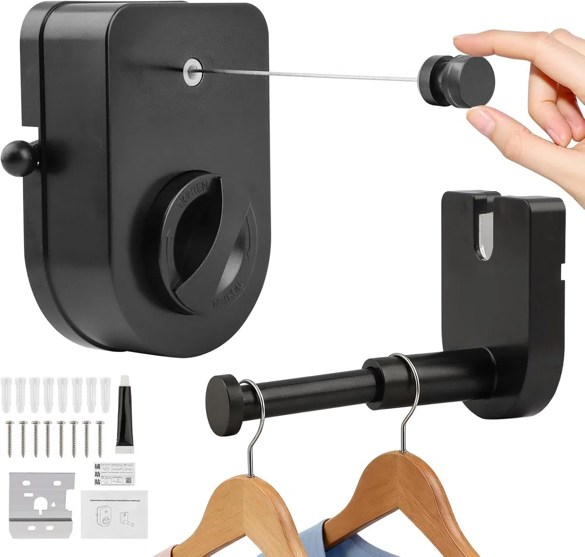 Tendedero Retráctil Pared, 4.2m Acero Inoxidable, Diseño Anticaída, Secado Retráctil Sin Taladrar, Secado Retráctil para Interior, Balcón, Lavandería (Negro)
