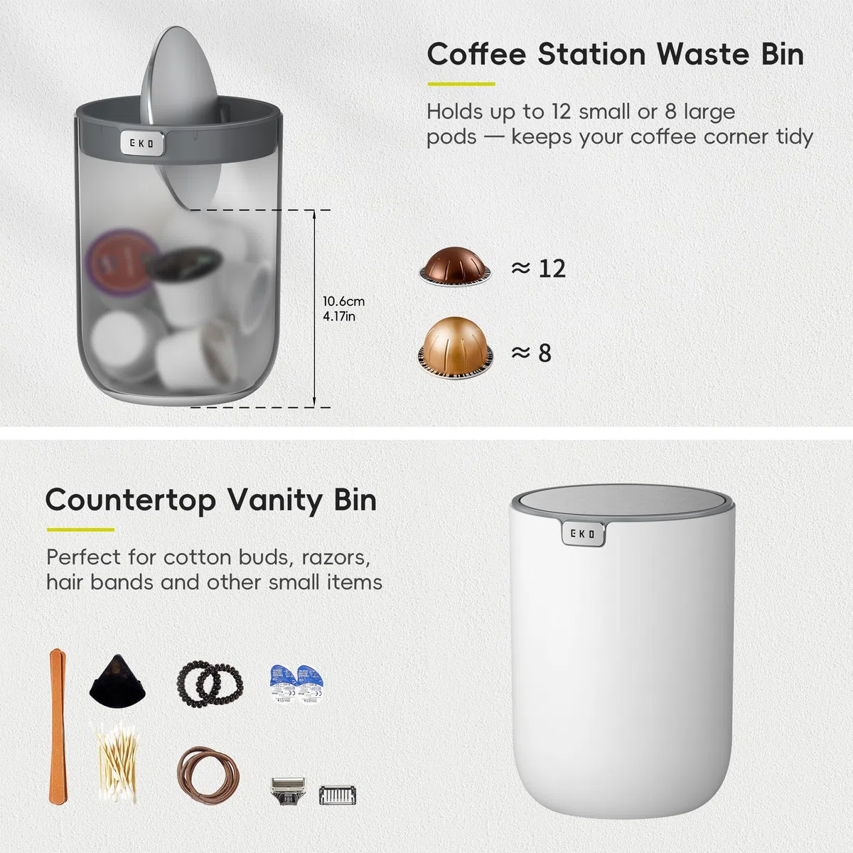 EKO Fandy - Cubo de basura de 1,5 L con tapa abatible, mesa pequeña redonda de 1,5 litros para oficina, hogar, baño, dormitorio, coche (blanco)