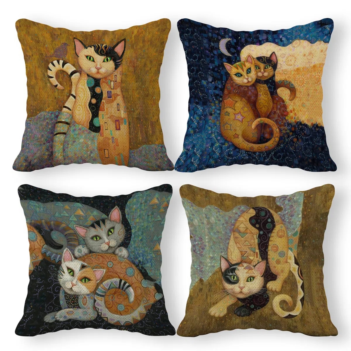 Juego de 4 fundas de almohada abstractas de lino de gato, 18 x 18 pulgadas, regalos para amantes de los gatos, divertida almohada de gatos, decoración de habitación de niños, regalos para dueños de