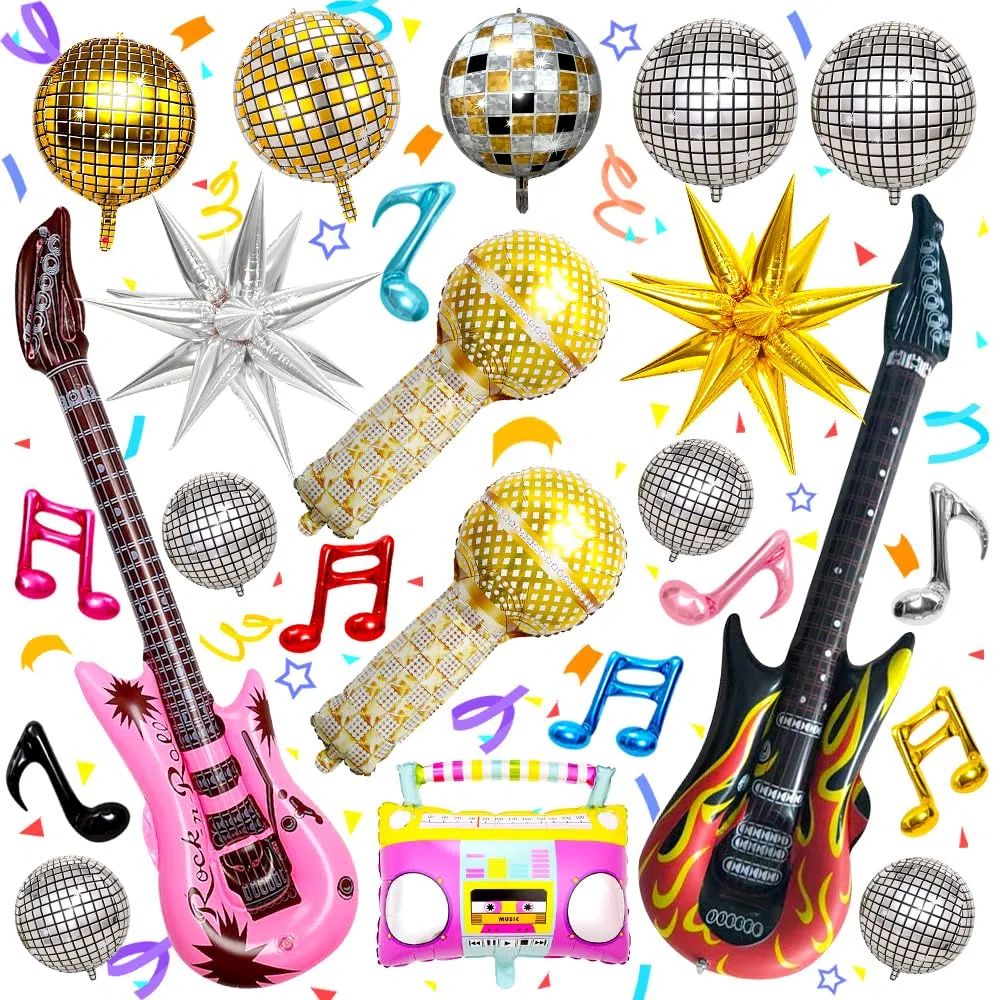 Globos para Fiesta Disco, 26PCS Globo Discos Explosión Estrella Guitarra Saxofón Globo de Aluminio con Motivos Musicales Variados, Tema Retro de los años 80 y 90 hip hop Fiebre Disco Globos