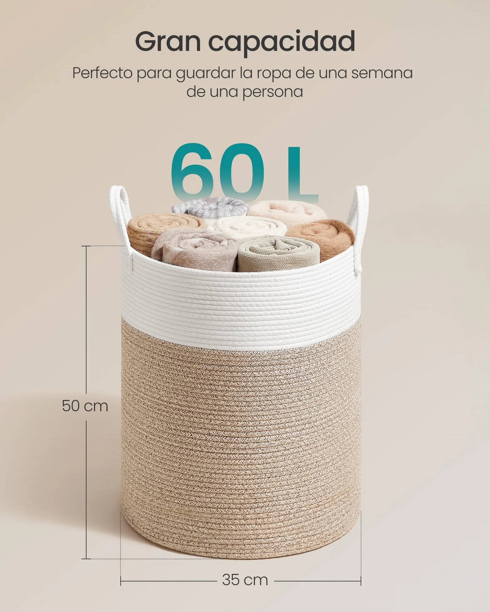 SONGMICS Cesto para Ropa Sucia 60 L Cuerda de Algodón 35 x 35 x 50 cm Blanco y Marrón Grisáceo