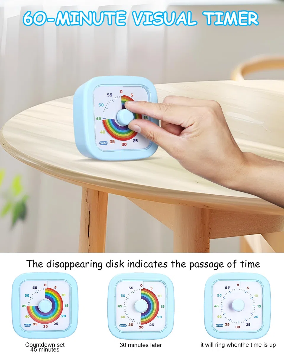 Temporizador Visual Cuenta Regresiva de 60 Minutos Rainbow Temporizador Niños, Silencioso, Herramienta de Gestión del Tiempo para Niños y Adultos,para Aula Escuela Oficina Cocina (Azul)