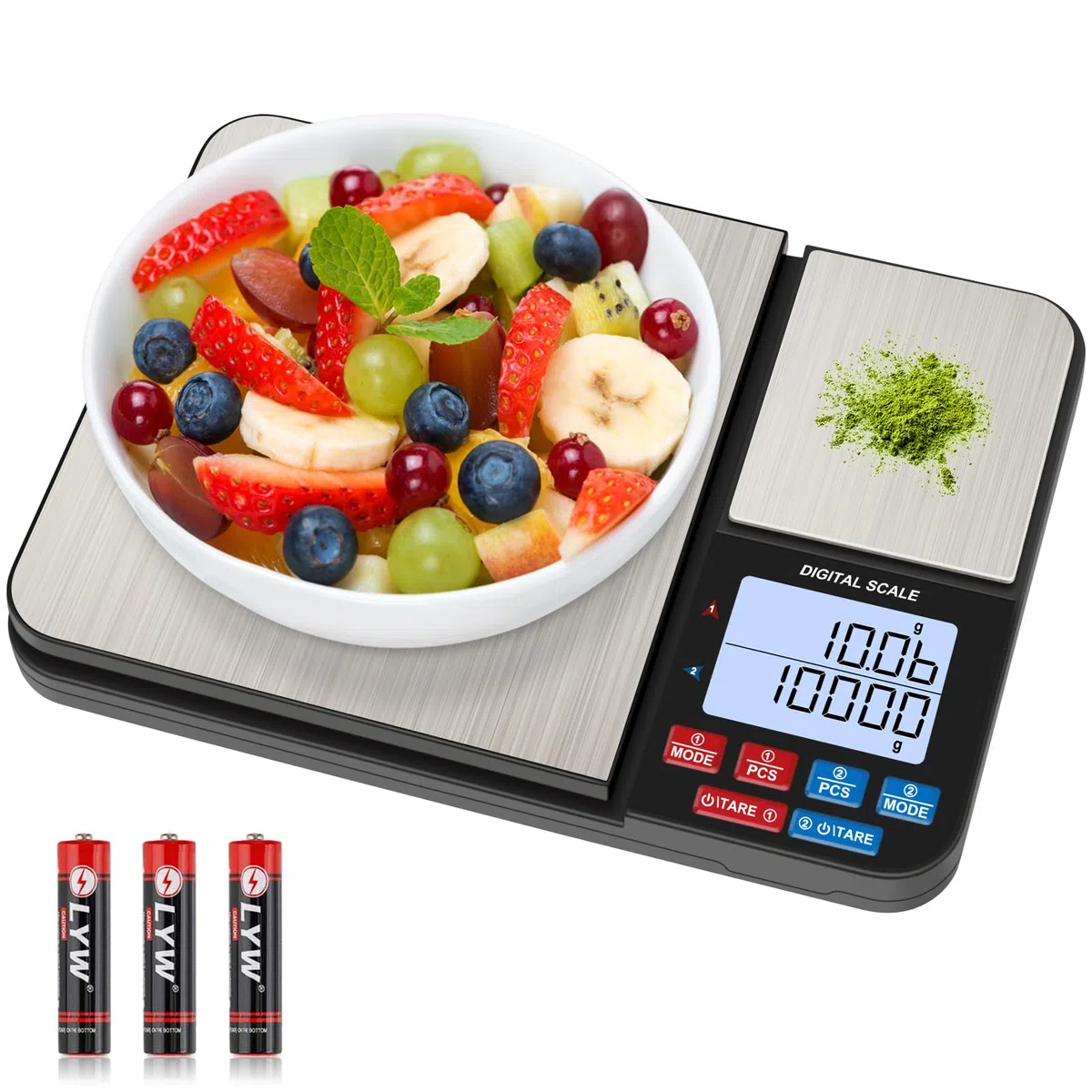 Balanza Cocina de Precisión 10kg, [0.01g-10KG] Diyife Balanza Cocina de Acero Inoxidable,Acero Inoxidable Bascula de Precision,con 2 Pantalla LCD y Función de Tara,Baterías Incluidas