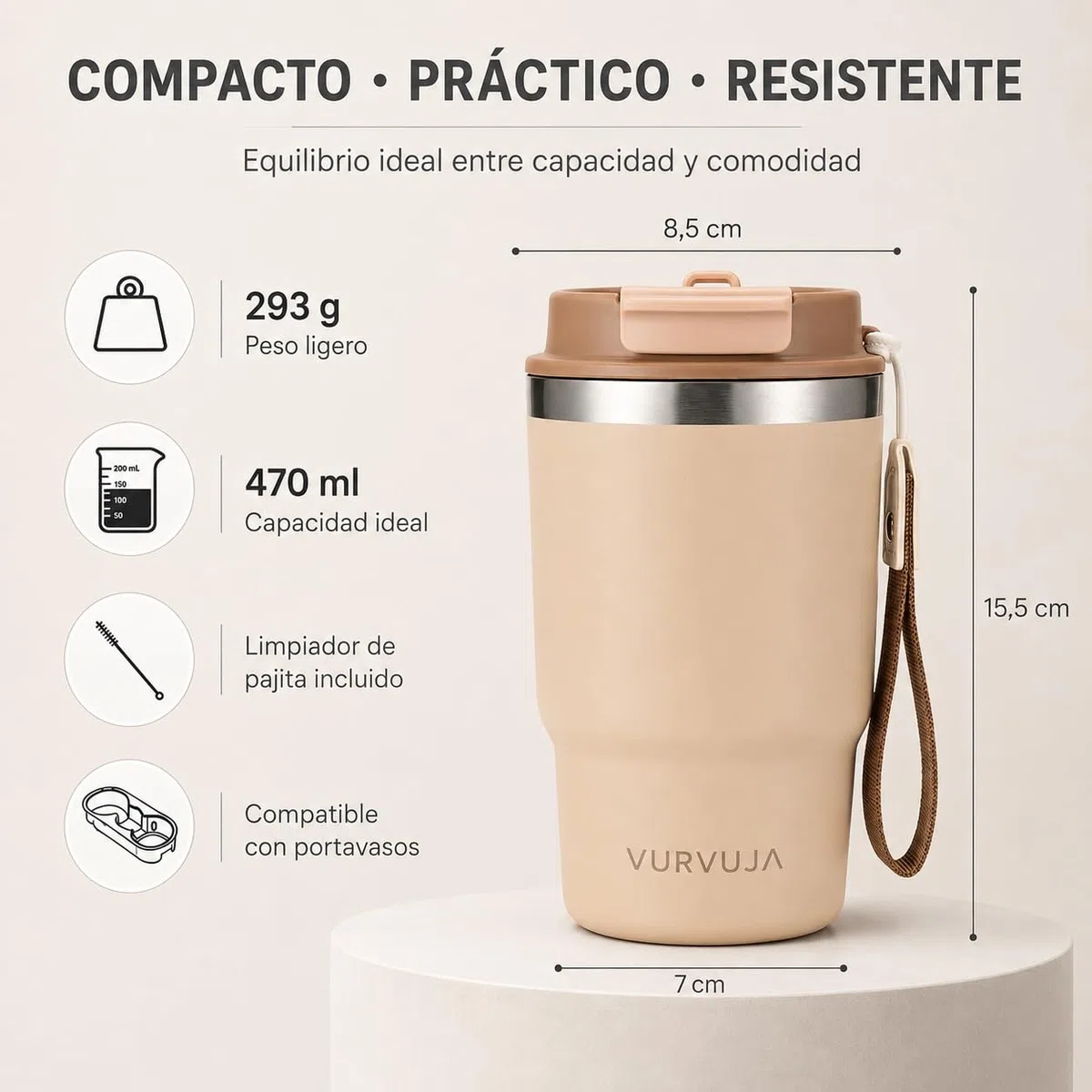 Vaso Termico 470ml de Acero Inoxidable 3en1 con Pajita y Tapa Antifugas. Taza Termica con Correa Integrada, Reutilizable y sin BPA. Termo Cafe para Llevar con Doble Pared para Frío y Calor. (Sand)