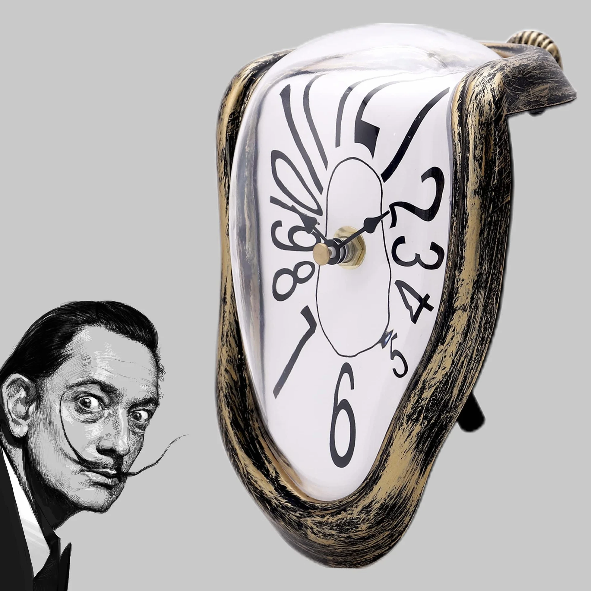 Lafocuse Reloj de Fusión Color Bronce Silencioso Creativo, Reloj Repisa Dalí Derretido Divertido Números Arábigos para Mesa de Escritorio 16x13x11 cm