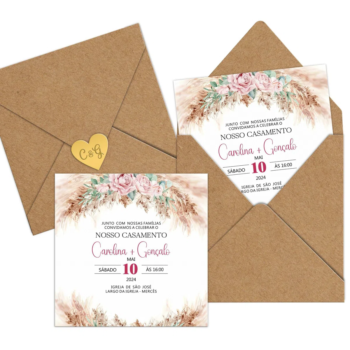 ADOREI - Invitaciones de boda personalizadas 14x14 cm - 25 unidades/Convites de casamento personalizados 14x14 cm - 25 unidades (Modelo 1)