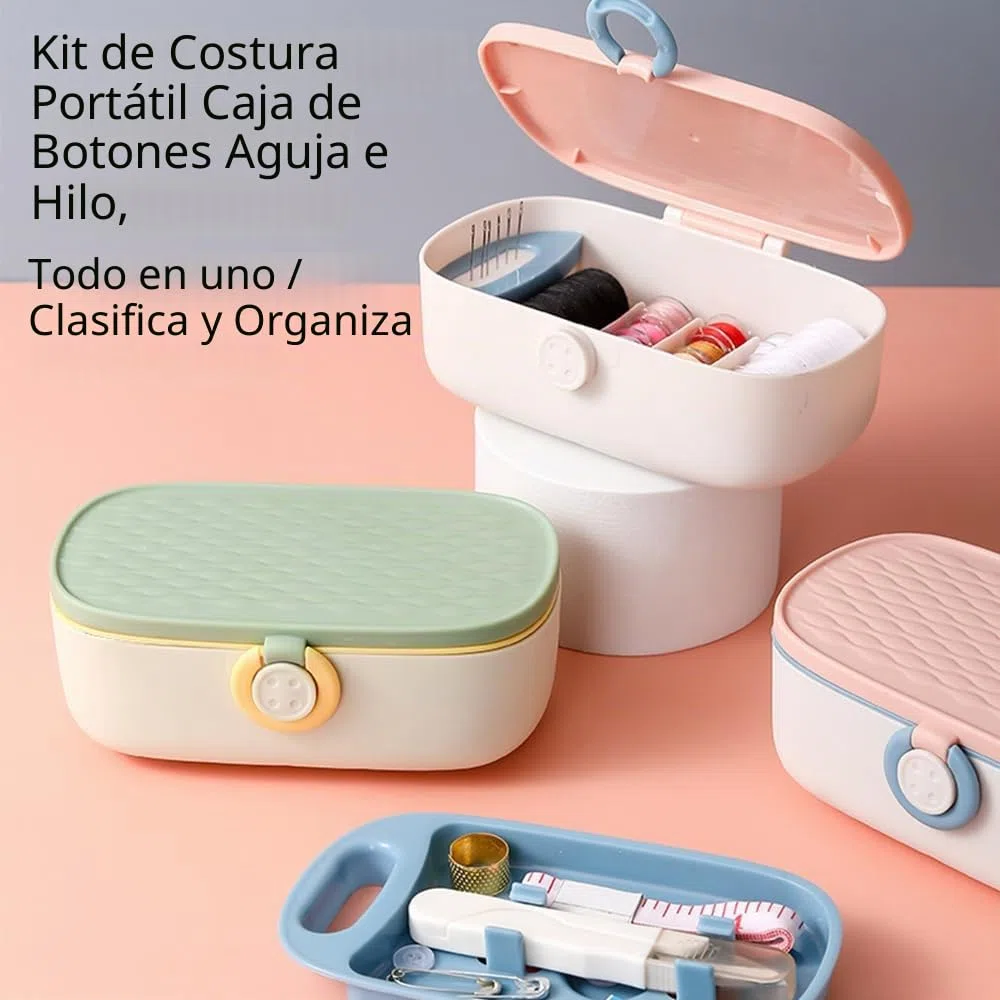 Kit de costura portátil con caja de almacenamiento, estuche de costura esencial con compartimentos y accesorios para uso doméstico y de emergencia, color rosa