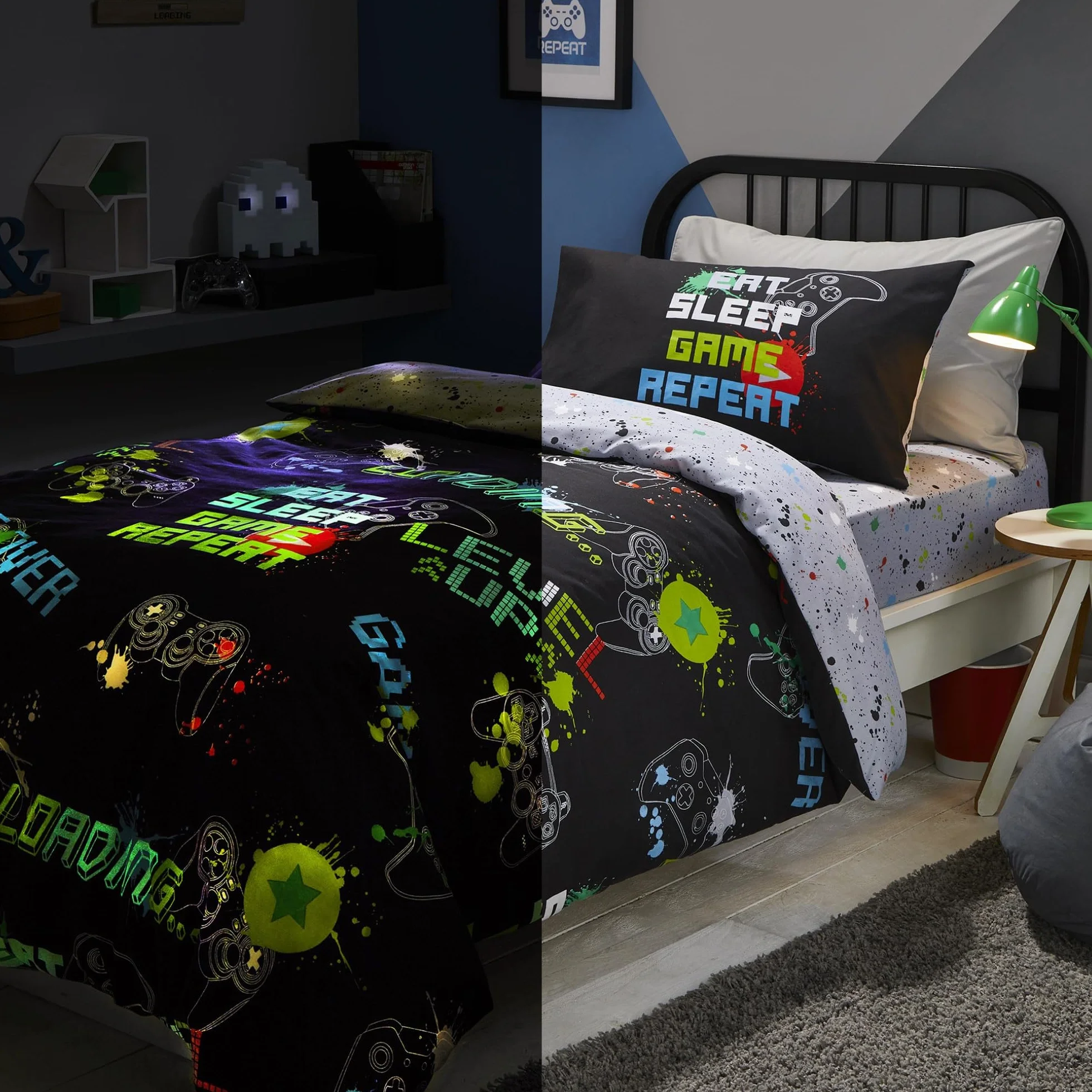 Bedlam - Funda de edredón Negra con diseño de Videojuegos, tamaño Individual (200 x 140 cm), Ropa de Cama Que Brilla en la Oscuridad, Reversible (2 diseños), Ropa de Cama para Videojuegos, Funda