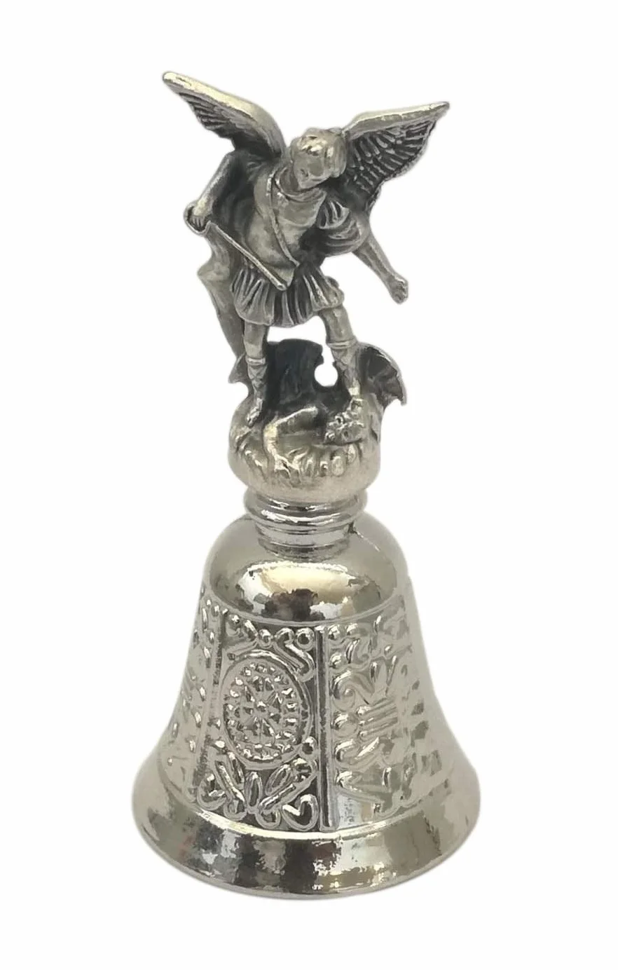 Campana litúrgica San Miguel Arcángel chapeada Plata - Estatuilla con Campana contra el Diablo - Protección del Ángel guardián contra Todo Mal - h 7,5 cm