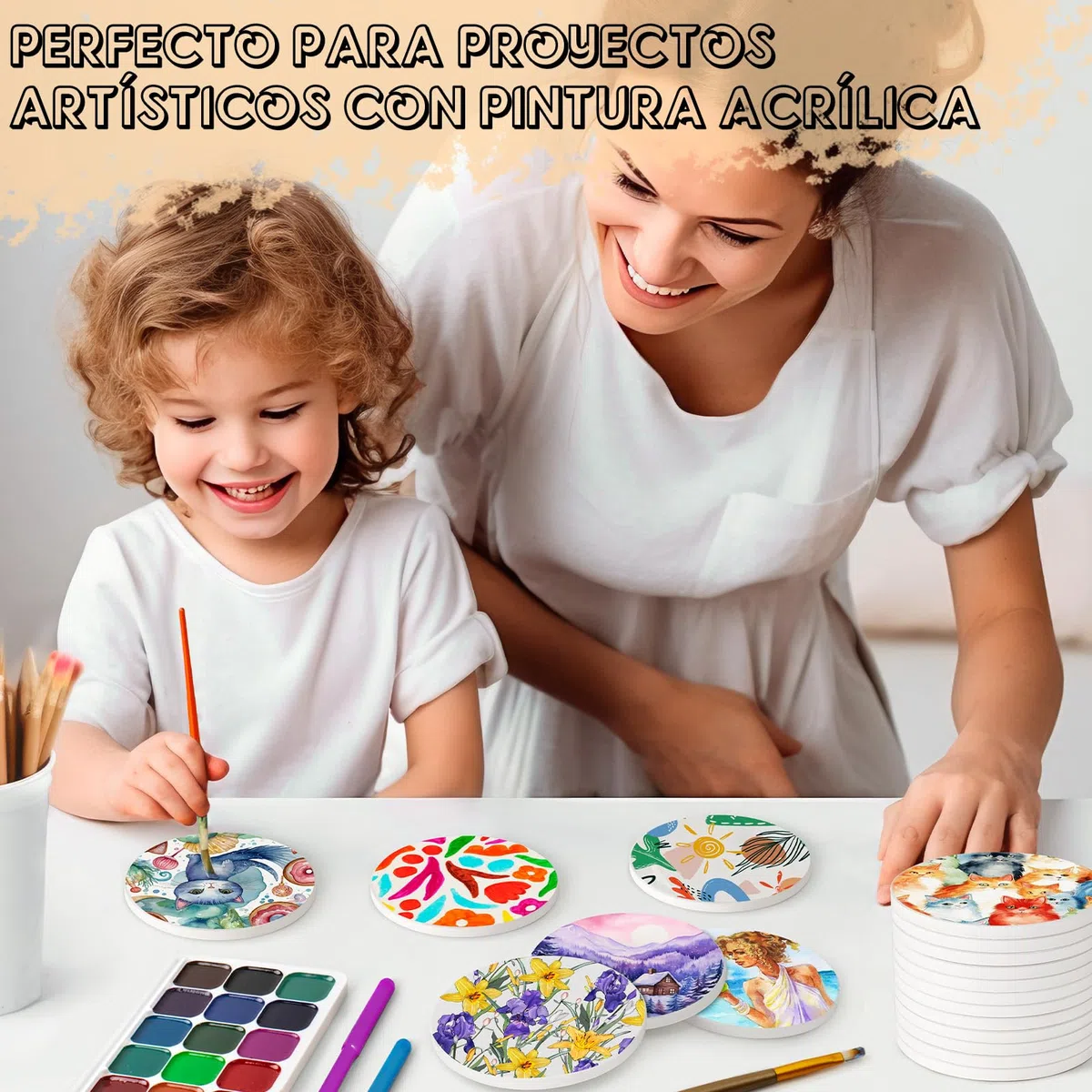 GOH DODD 12 Baldosas de Cerámica para Manualidades, 4 Pulgadas, Sin Esmaltar con Respaldo de Corcho, Posavasos Redondos para Pintura con Tinta de Alcohol, Proyectos de Arte, Regalos, Bodas, Educación