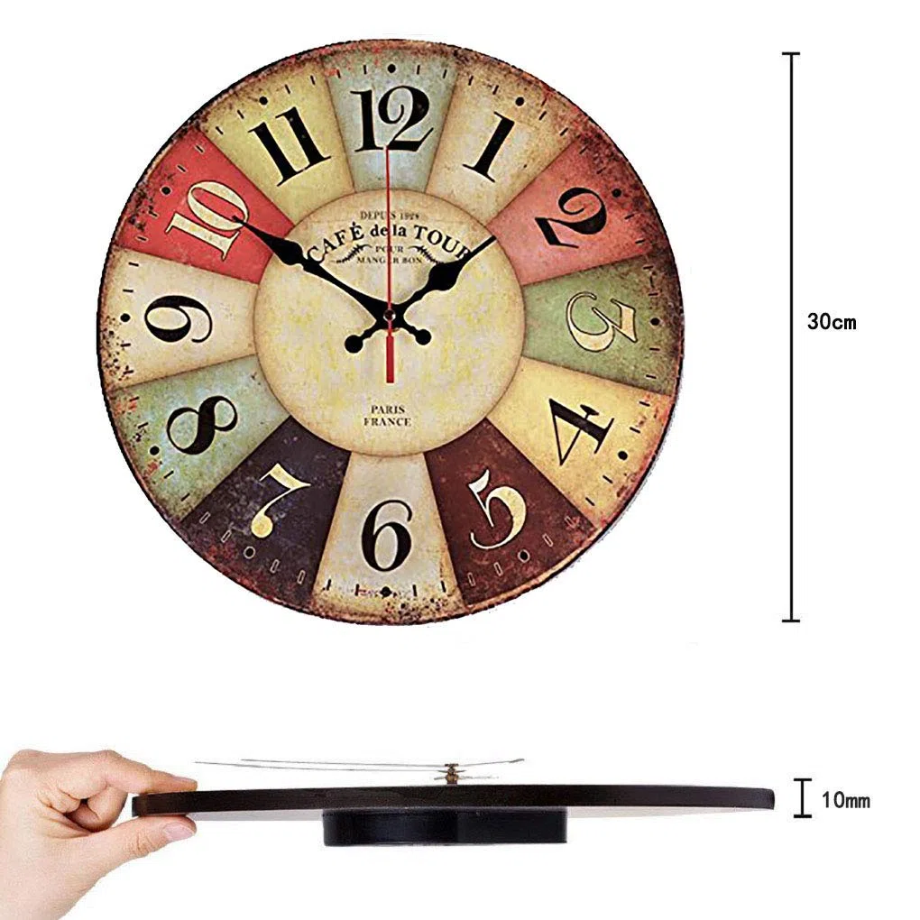 Reloj de Pared, Reloj de Pared de Cuarzo Estilo Toscano Vintage silencioso Retro Reloj de Madera Sin Tictac (París, 30cm)