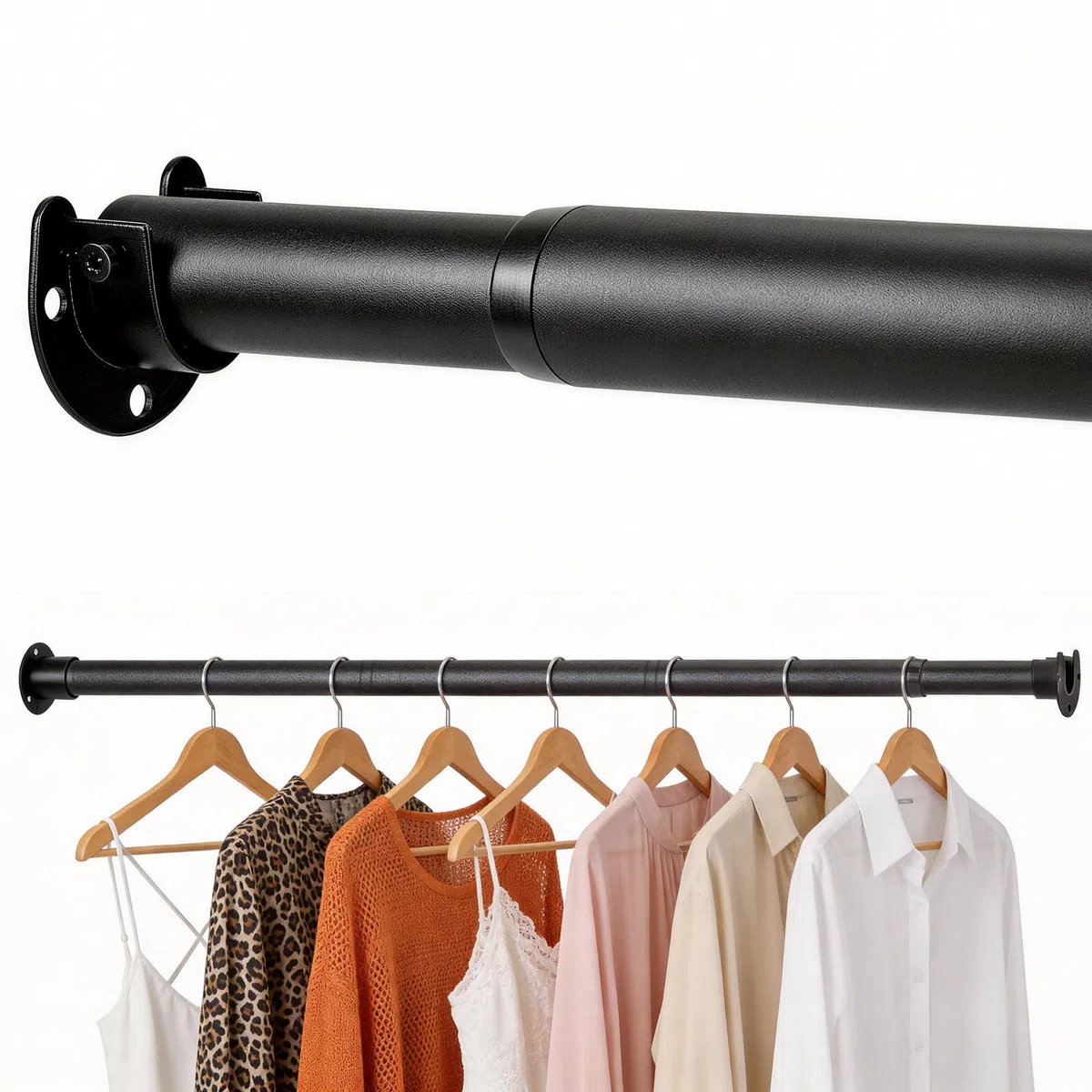 Barra Extensible Armario, Ajustable Barra para Colgar Ropa Negro de 77-177 cm, Barras de Armario para Colgar Ropa, Barras Extensible para Armarios, Ducha y Cortinas (Diámetro 32 mm)
