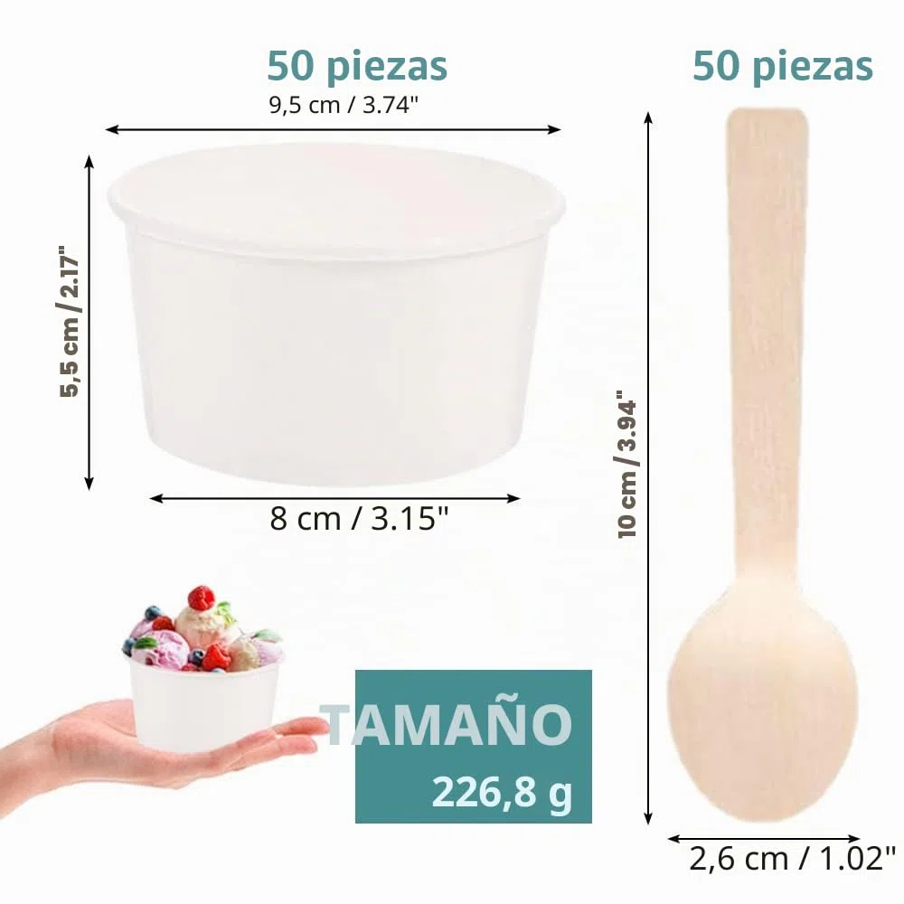 REFORUNG Helados de cartón 50 unidades ecológicos universales de cartón desechables 240 ml desechables vasos de papel con 50 cucharas de madera para helado, yogur congelado, sopa, blanco