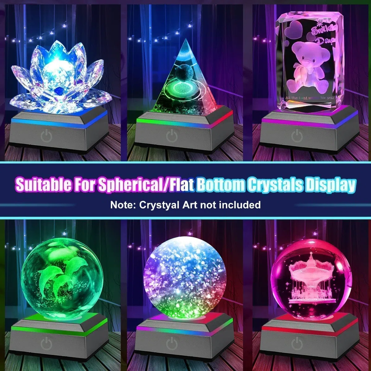 EEEKit Base LED para Cristales, 2 Paquete Soportes Cuadrados con 6 Colores para Arte en Cristal 3D Plana Base Cóncava