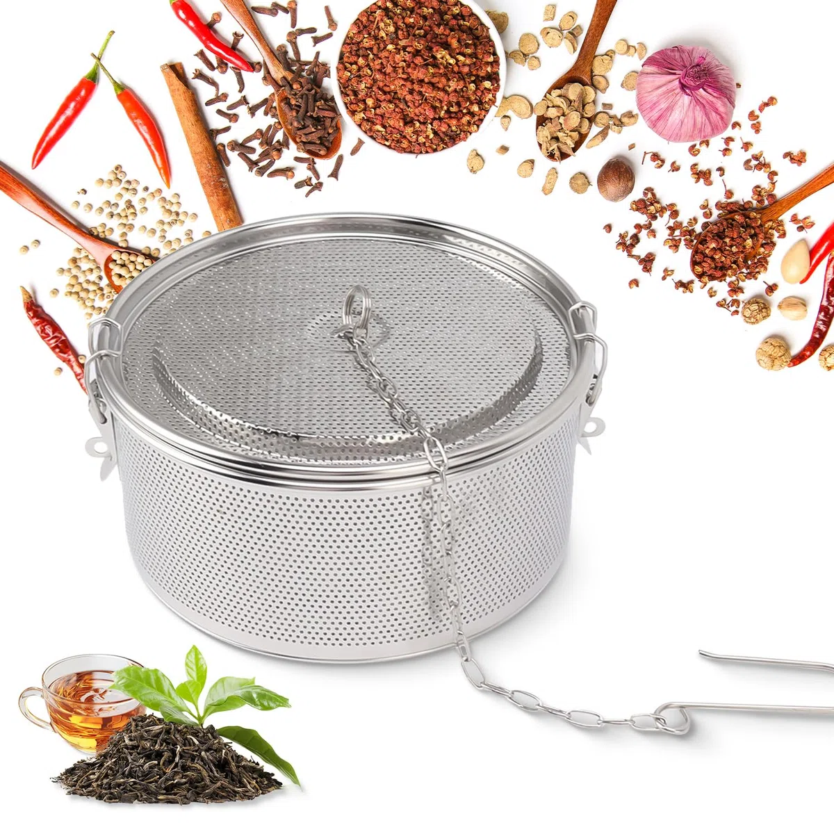 Tissting Filtro de Té, 20cm Acero Inoxidable Cesta de Separación de Condimentos con Cadena Colgante, Colador de Té para Condimentos de Especias de Café y Hojas de Té