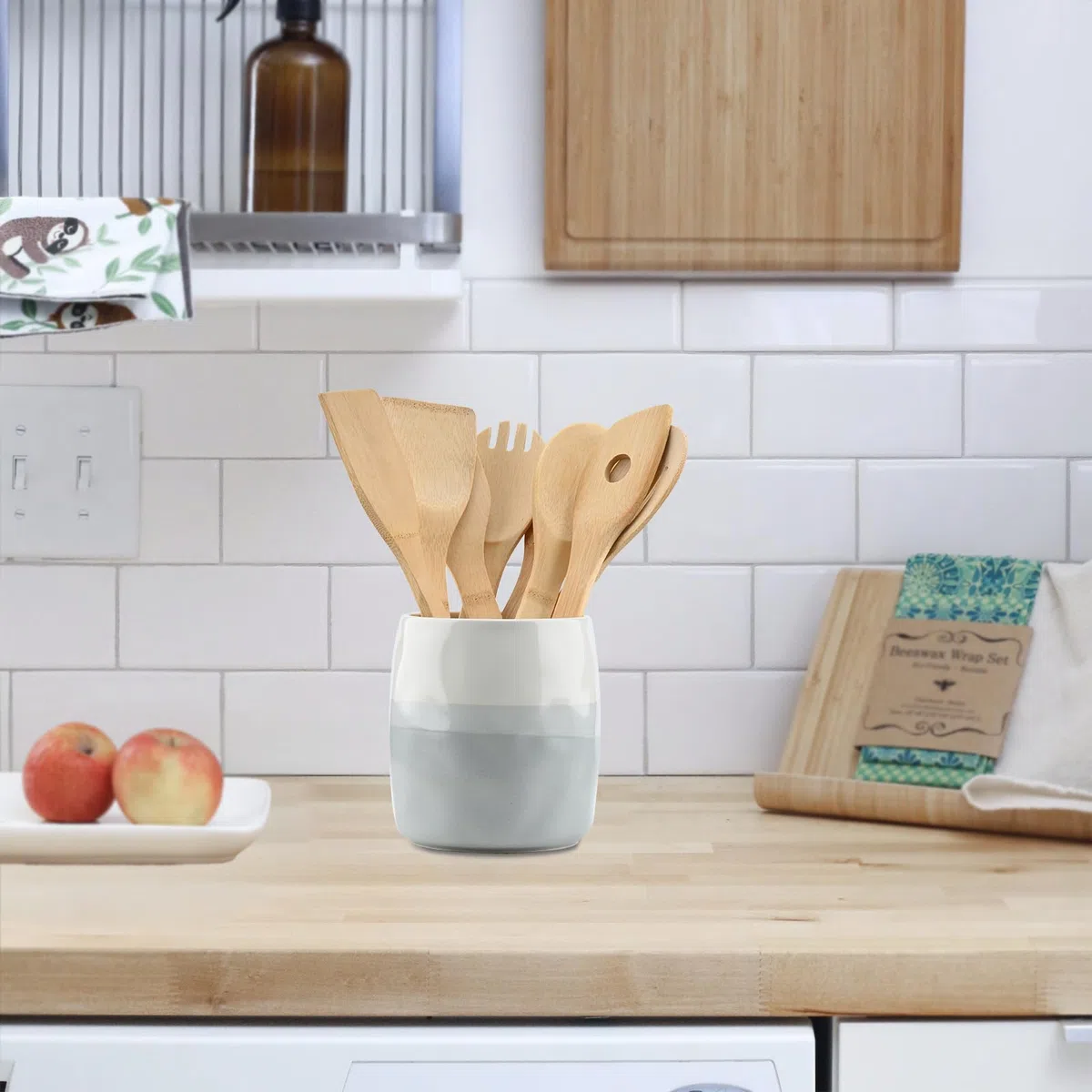 Bote para Utensilios de Cocina de Ceramica, Soporte para Utensilios de Cocina para Organización de Encimera, Porta Cubiertos para Cucharas, Espátulas y Cubiertos (L)