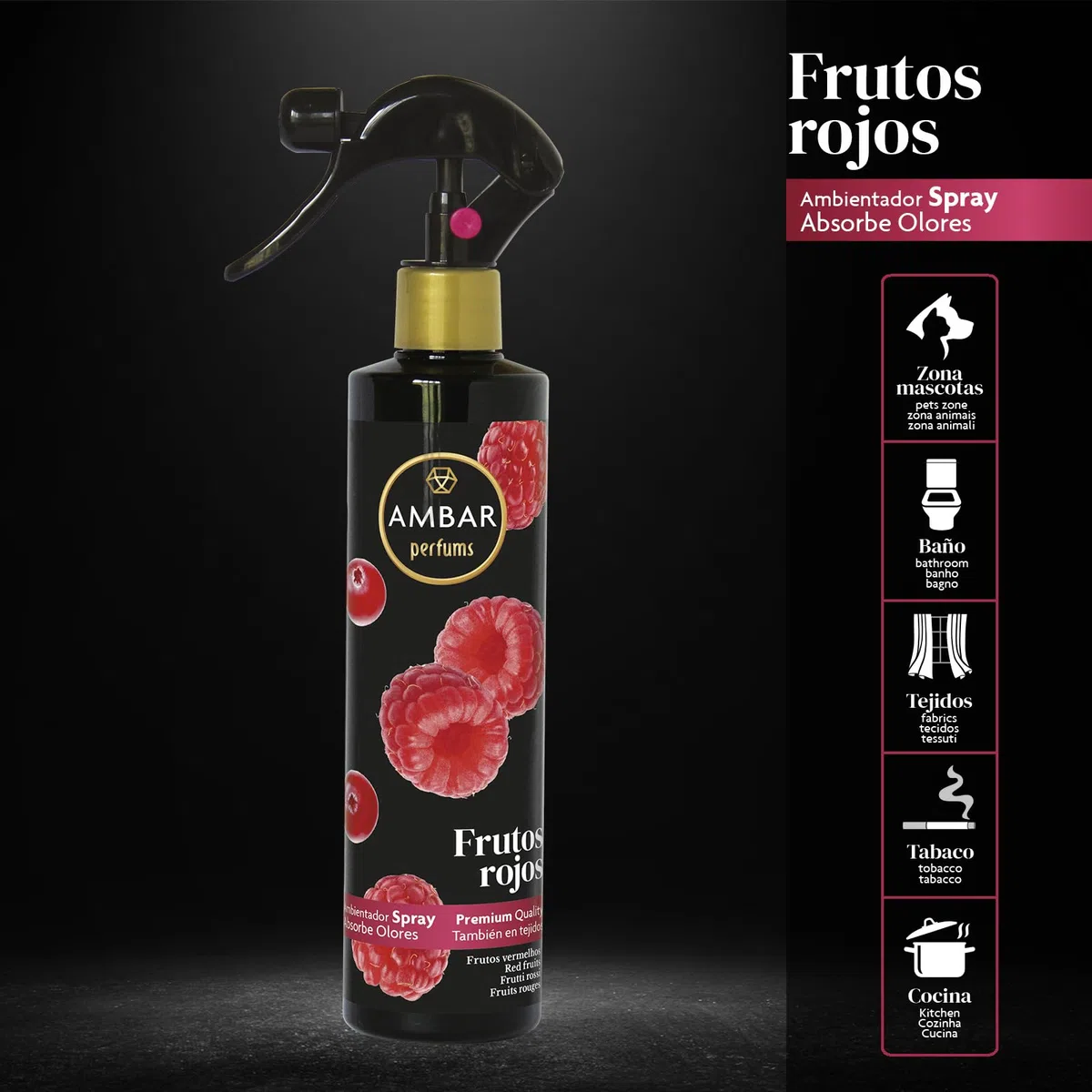 Ambar Perfums - Ambientador Spray Absorbe Olores Frutos Rojos Especial Tejidos, ¡No mancha! Pack de 4 uds de 280 ml.