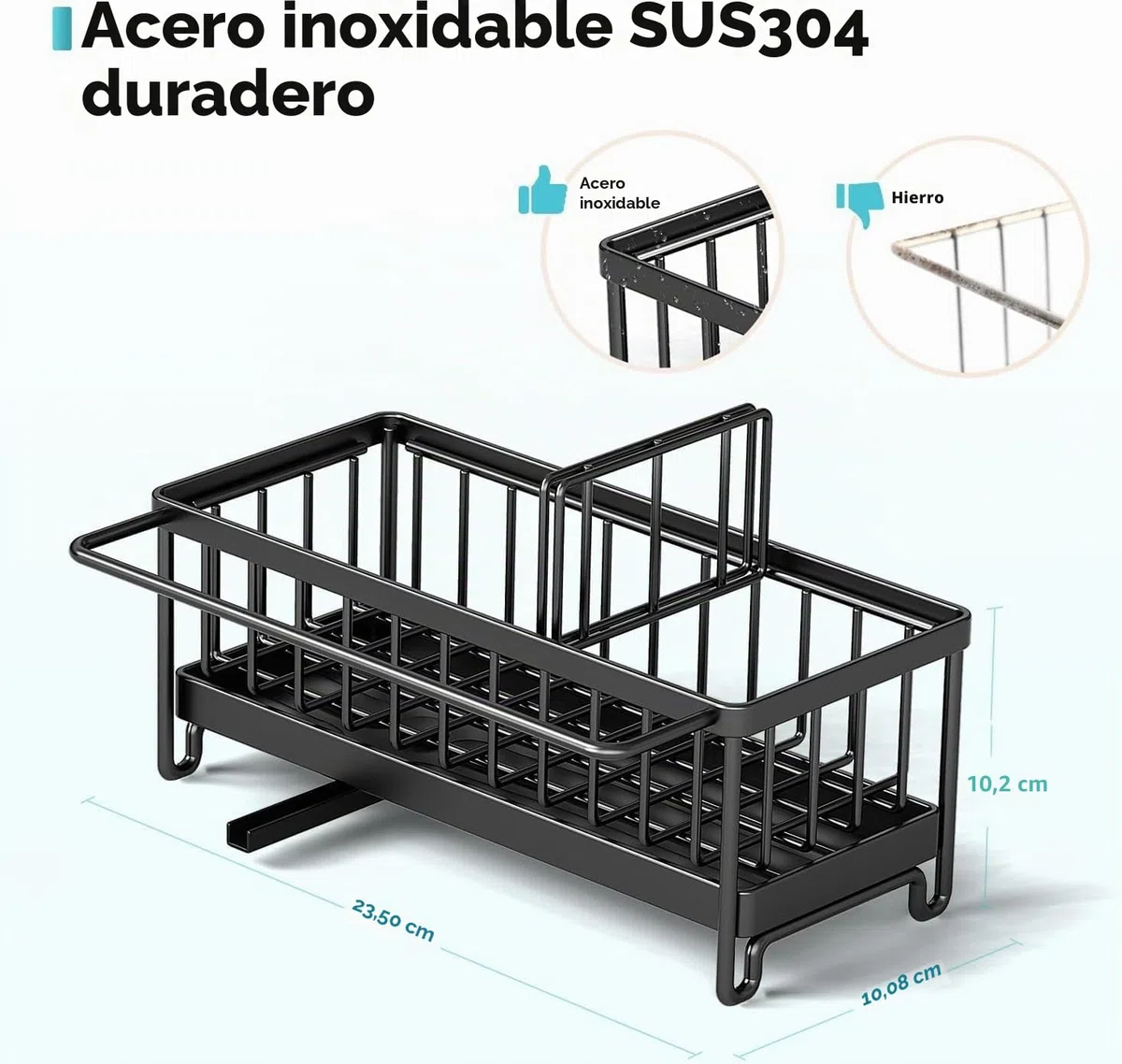 Organizador Fregadero, Soporte Estropajo Fregadero de Cocina Acero Inoxidable con Bandeja de Desagüe Extraíble, Toallero y divisores Ajustables, Cocina Organizador de Lavado, Negro